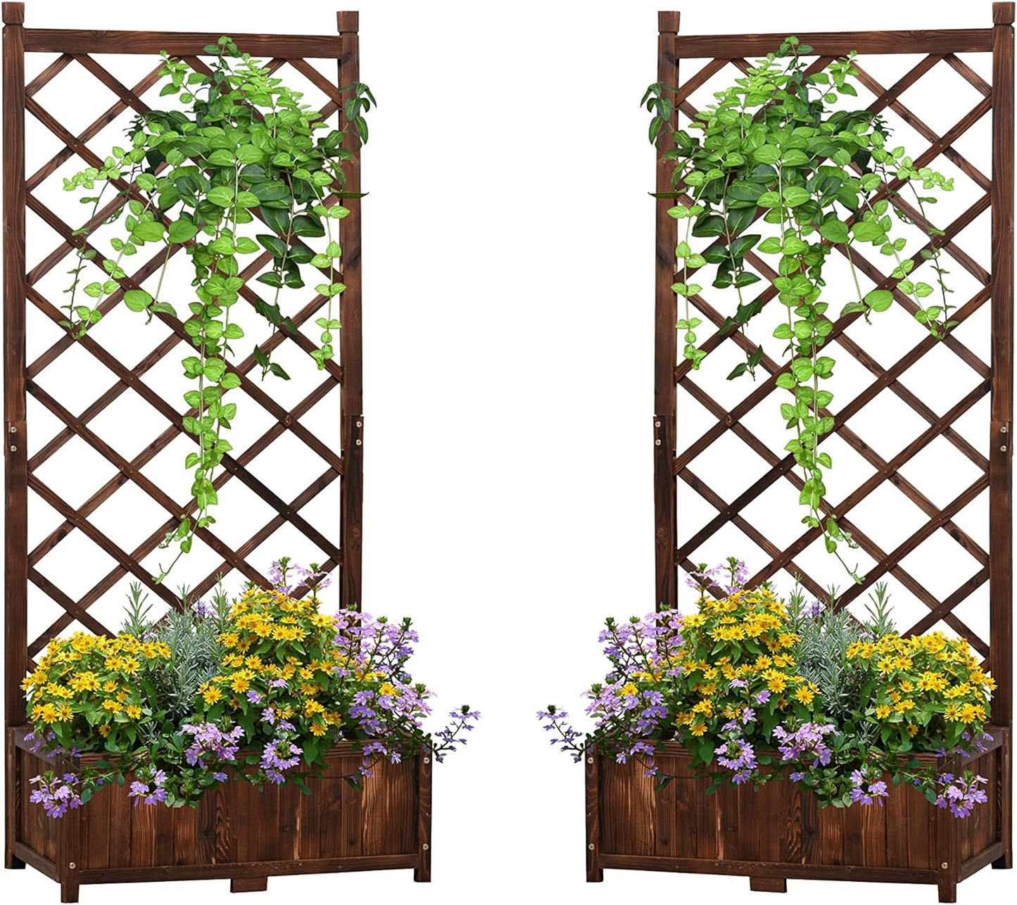 Anraja Raised Garden Bed Planter with Trellis Outdoor Wood Box 67in Set of 2 Flower Standing Planter Box Privacy Lattice Panels with Legs for Patio Porch w/Drainage Holes 29.5" L x 17.0" W x 67.0" H