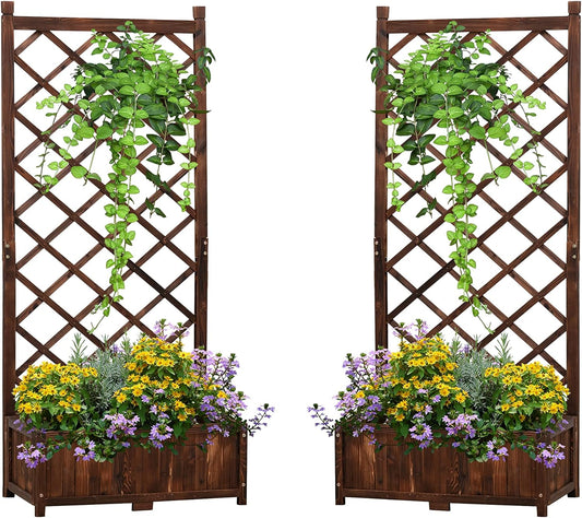 Anraja Raised Garden Bed Planter with Trellis Outdoor Wood Box 67in Set of 2 Flower Standing Planter Box Privacy Lattice Panels with Legs for Patio Porch w/Drainage Holes 29.5" L x 17.0" W x 67.0" H