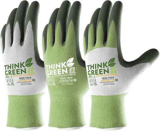 COOLJOB 3 Pairs Gardening Gloves for Women Men, 100% Recycled Polyester with Rubber Coated for Garden Patio Yard Lawn Work, Green, White & Grey, X-Large Size
