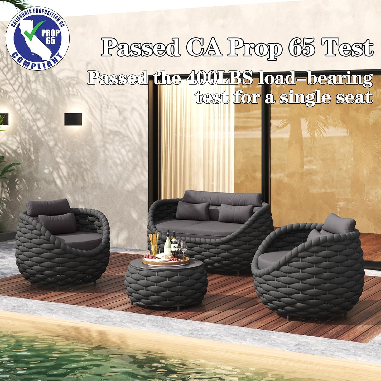 5 Pieces Patio Furniture Set, Outdoor Rope Conversation Sectional Patio Sofa with 5 Seater for Backyard, Porch, Modern Armchairs with Thickness Cushions and Side Table, Dark Grey