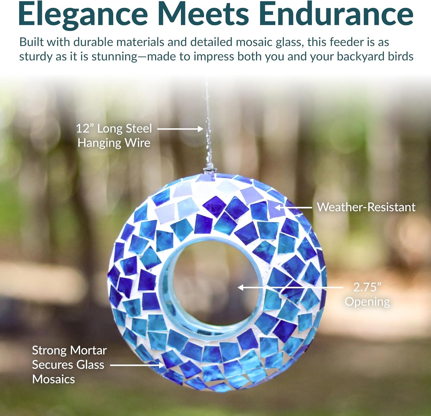 Sunnydaze 6-Inch Glass Mosaic Hanging Bird Feeder for Outdoors - Fly-Through Wild Bird Feeder - Blue Mosaic