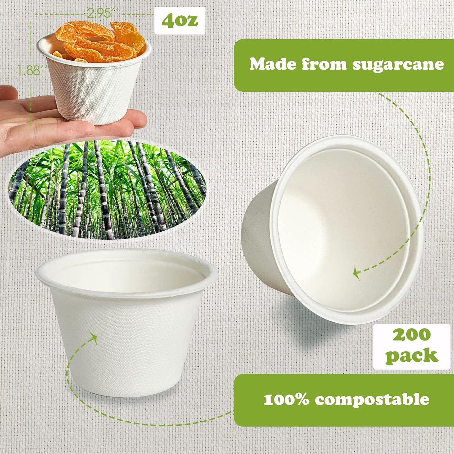 ECOLipak 200 Pack 4 oz Compostable Portion Cups, 100% Biodegradable Souffle Cups, Disposable Paper Cup for Condiment Samples