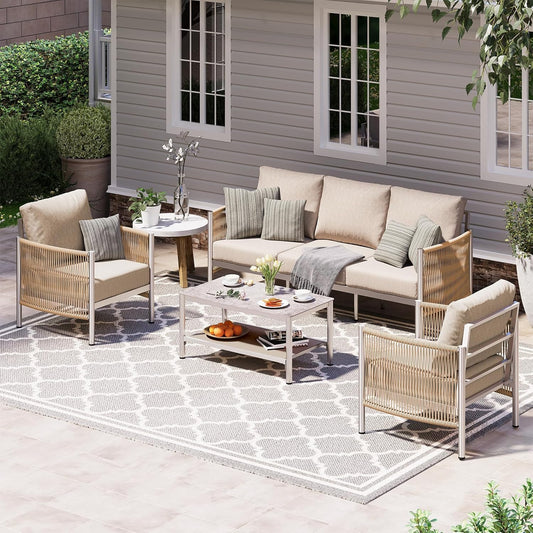 Aluminum Outdoor Patio Furniture Set, HDPE Rope 5 Piece Modern Sectional Conversation Sets with Dual-Layer Coffee Table, All Weather Patio Couch Set with Thick Cushions, Silver Frame, Beige