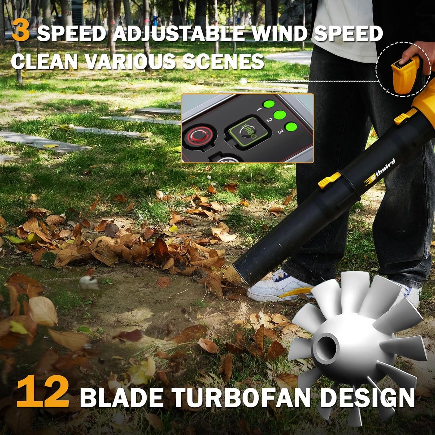 Leaf Blower Cordless,2 x 21V 6.0Ah Battery and Charger, with 680CFM 190MPH Electric Cordless Leaf Blower, 3-Variable Speed & Turbo Mode, Blowers for Lawn Care (5002 E) (Yellow)