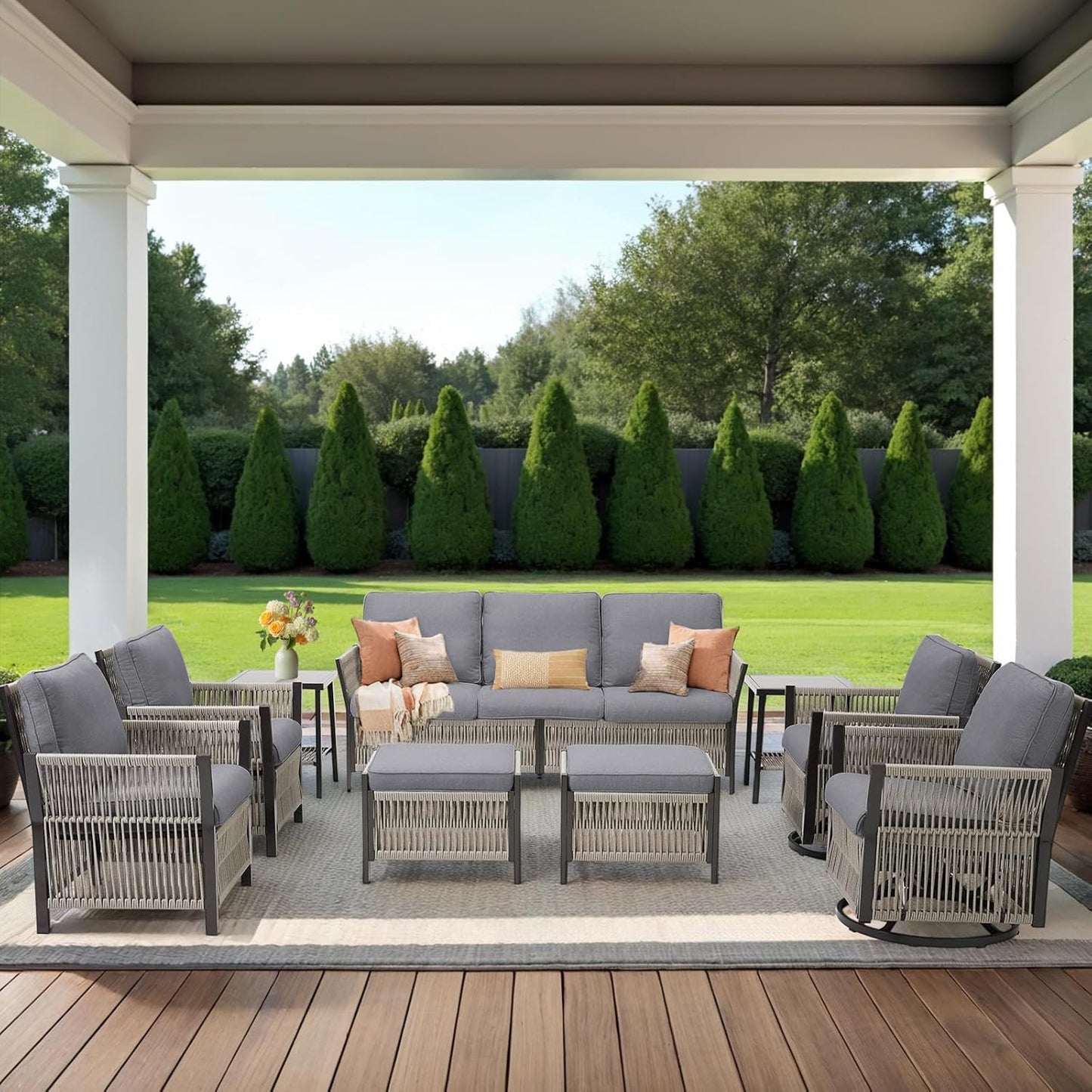 Patio Furniture Wicker Outdoor Conversation Set, 9-Piece All Weather Patio Furniture Rattan Swivel Rocking Chairs w/Ottomans, Side Table for Backyard, Balcony, Deck, Dark Grey