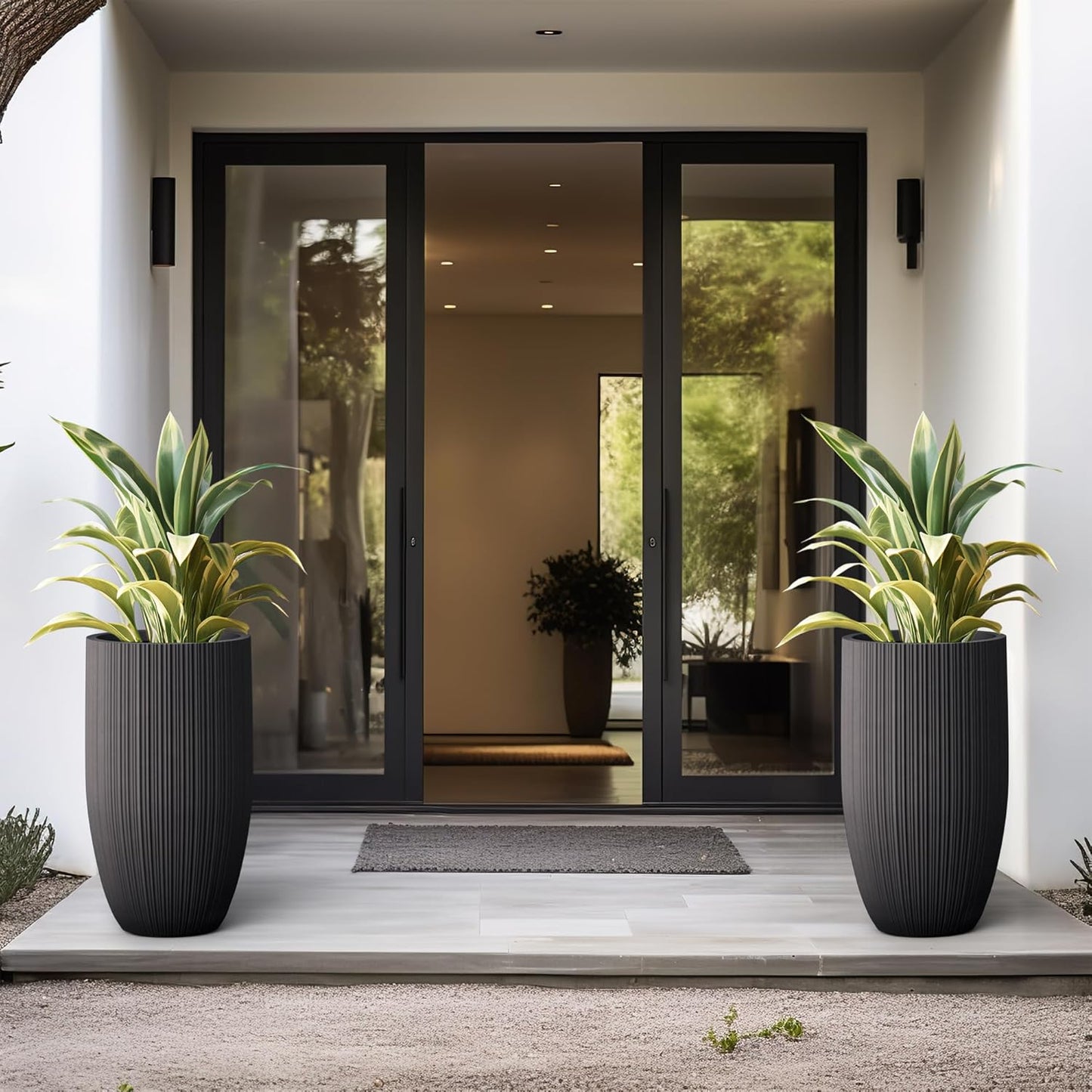 Kante 24 Inch Tall Round Concrete Planter, Large Indoor Outdoor Plant Pots with Drainage Hole and Rubber Plug, Modern Decorative Garden Pots for Home Patio Porch, Textured Black