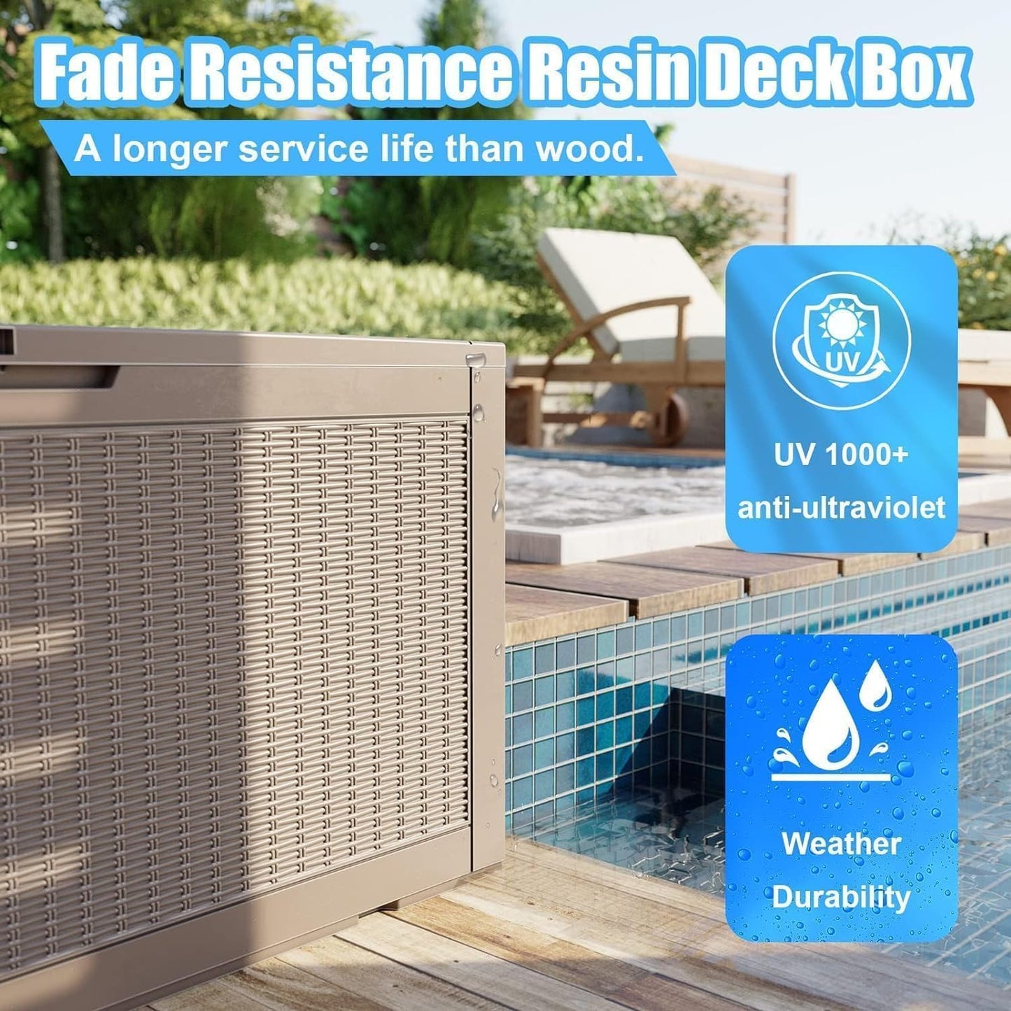 102 Gallon Outdoor Storage Box Waterproof, UV Resistant Resin Deck Box with Hydraulic Rod, Lockable Design and Enhanced Durability for Patio, Garden, and Poolside Use