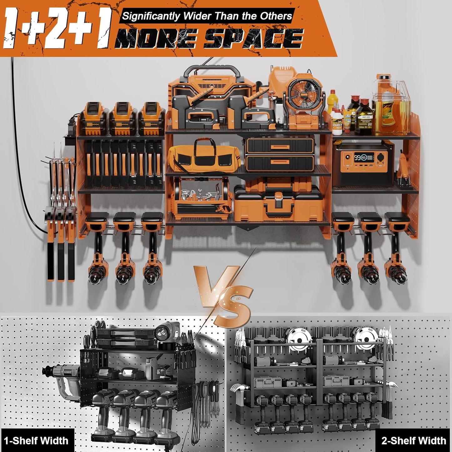 Power Tool Organizer Wall Mount, Expanded Width Garage Storage 3 Layer Heavy Duty Power Tool Storage Rack, 45.5" Battery Tools Holder with Charging Station Shelf
