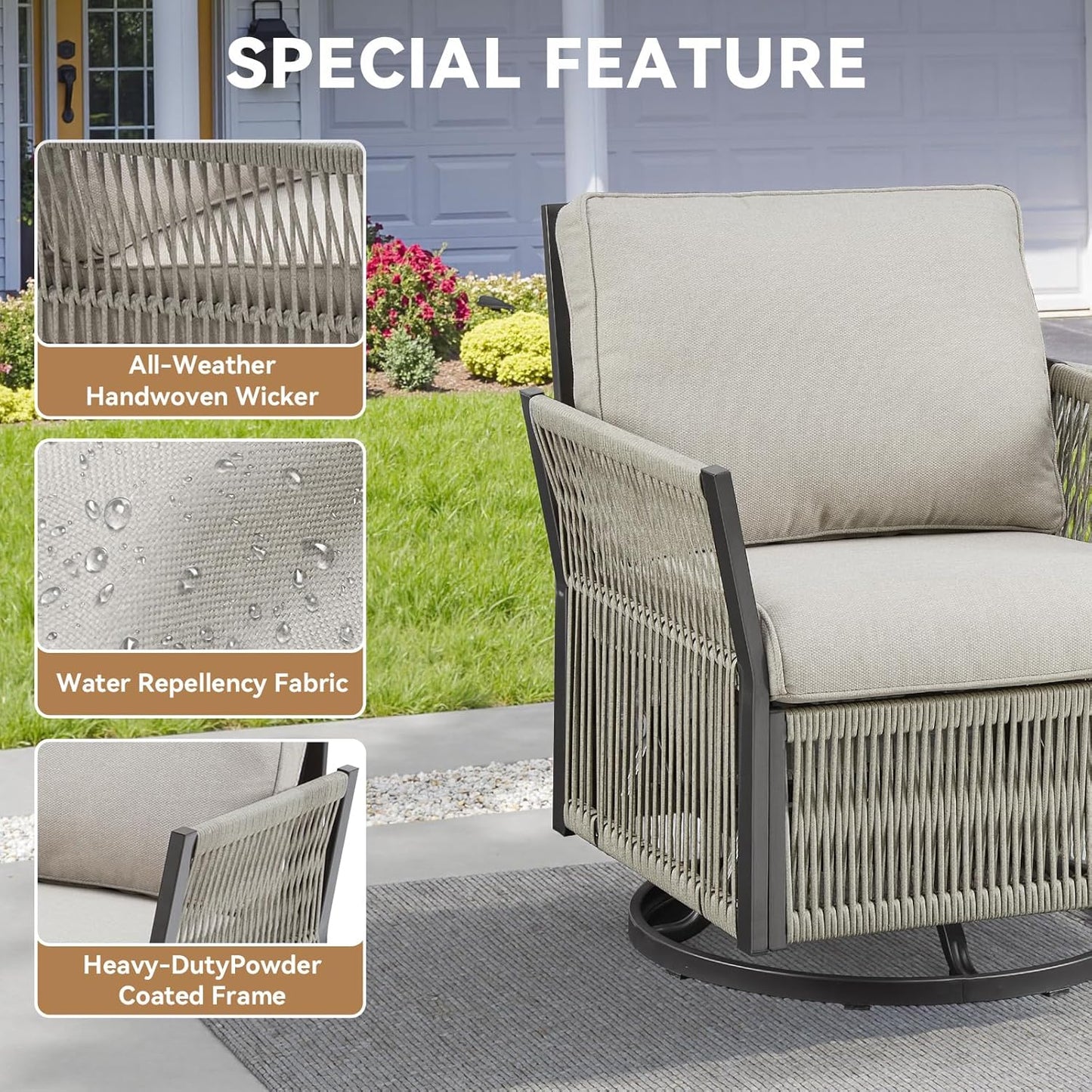 3 Pieces Wicker Bistro Set Chairs Patio Porch Furniture Sets, All-Weather PE Rattan Outdoor Conversation Set with Removable Cushion & Side Table for Porch, Deck, Poolside - Beige
