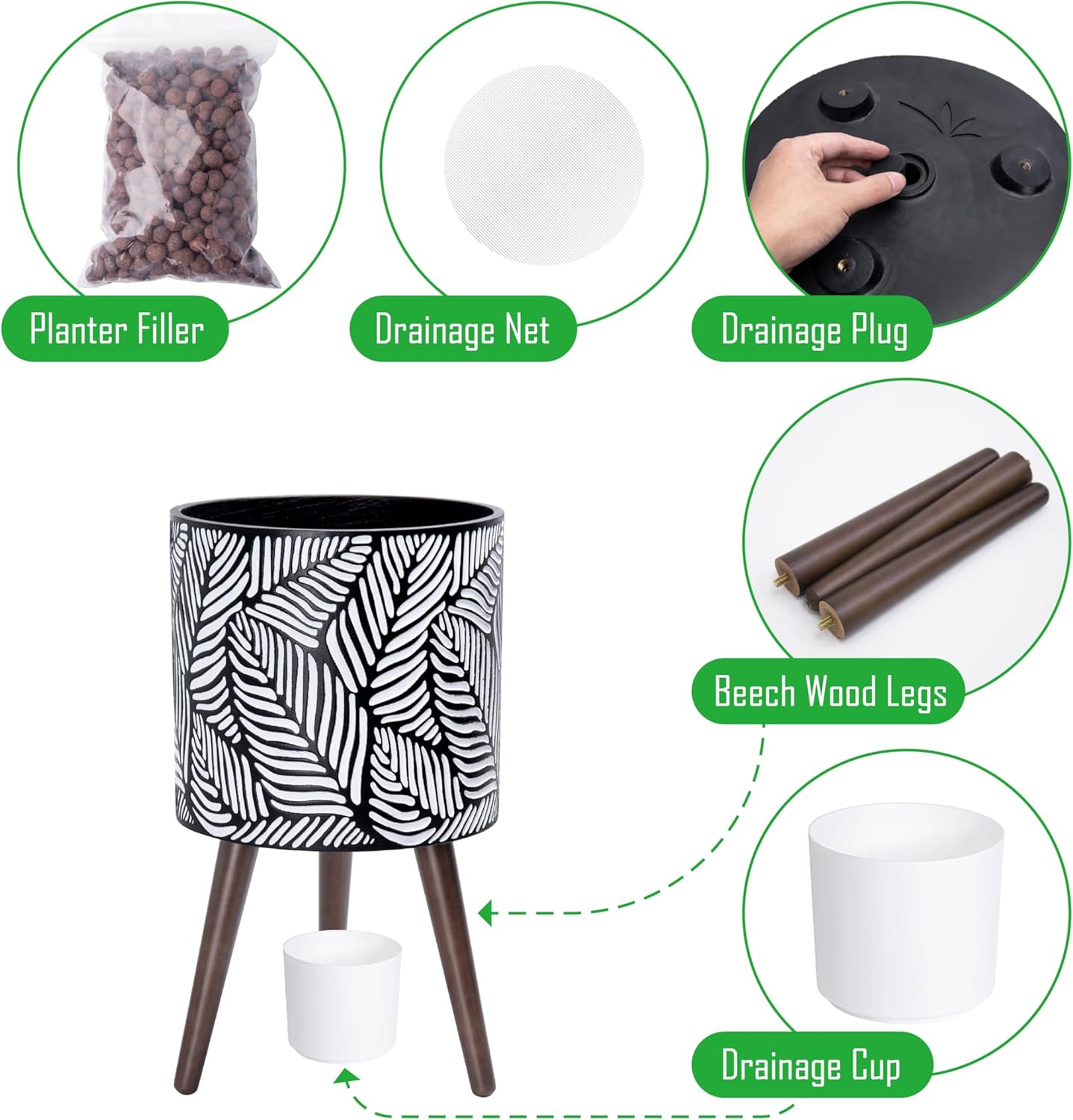 D'vine Dev 12 Inch Planter Pot with Stand, Mid-Century Tall Plant Pot with Legs for Indoor Plants, Large, White/Grey, 88-L-C-7