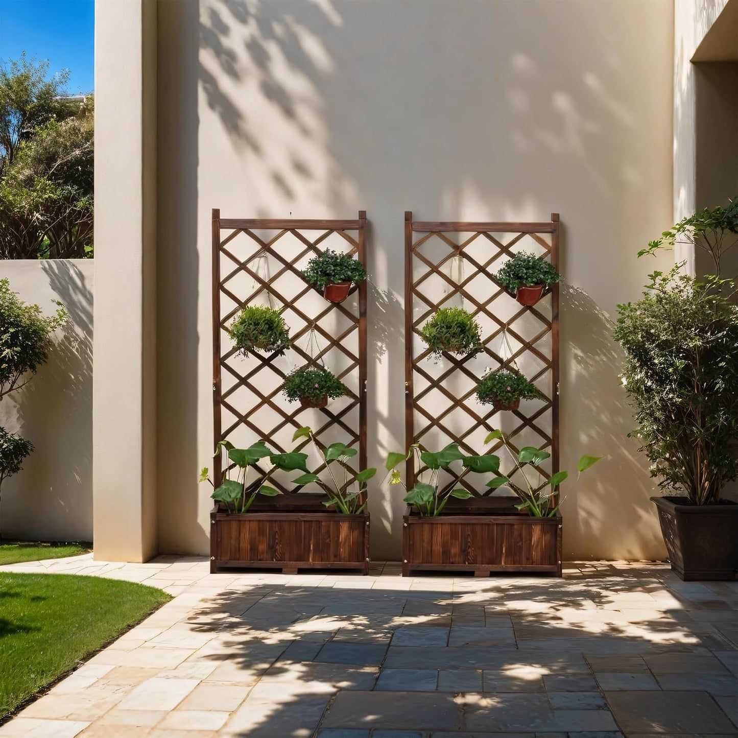 Anraja Raised Garden Bed Planter with Trellis Outdoor Wood Box 67in Set of 2 Flower Standing Planter Box Privacy Lattice Panels with Legs for Patio Porch w/Drainage Holes 29.5" L x 17.0" W x 67.0" H