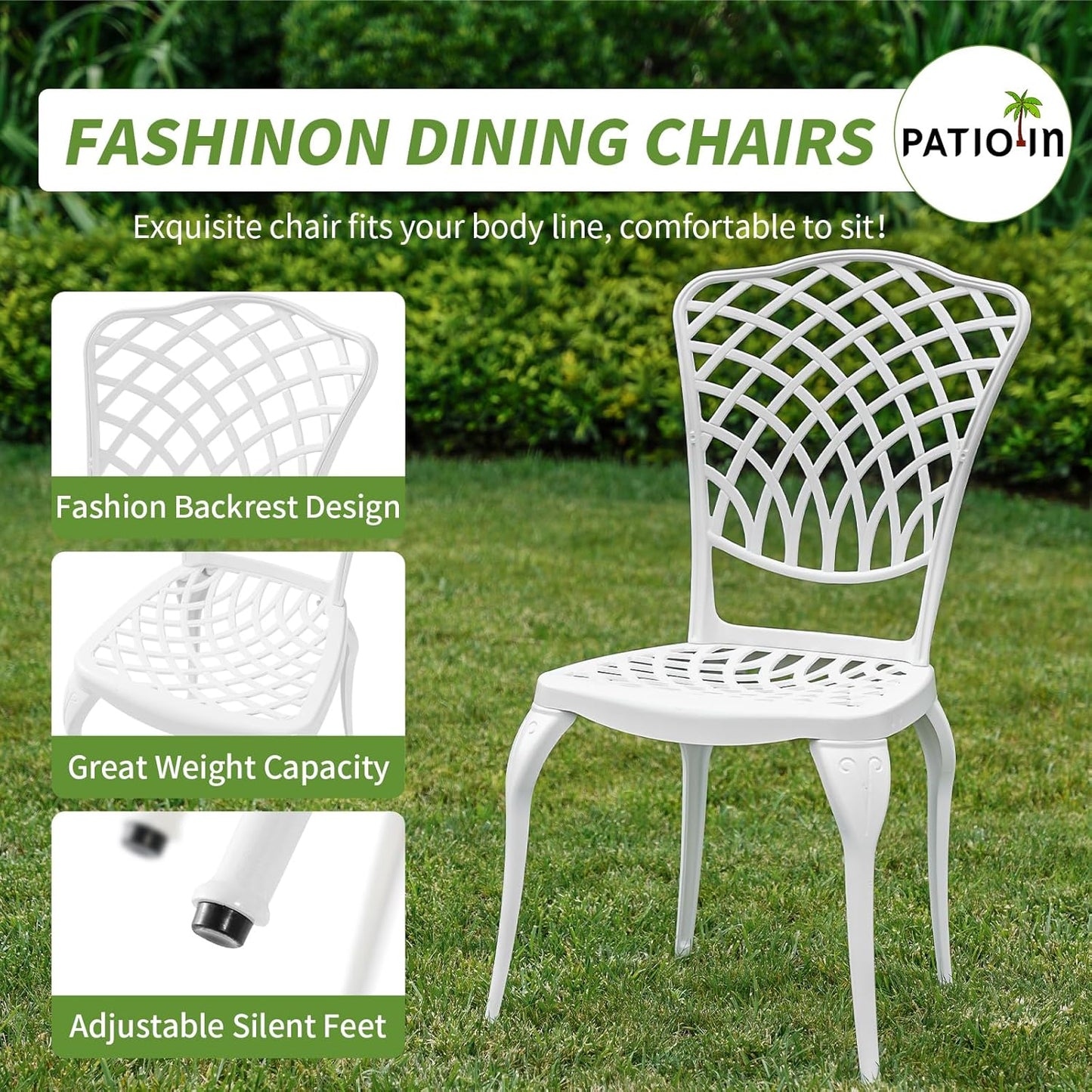 Cast Aluminum Bistro Set 3 Piece Outdoor, Patio Bistro Set White, Patio Conversation Table with 2 Piece Chairs, Bistro Table and Chairs Set of 2 for Garden Porch Porch,1.97" Umbrella Hole,