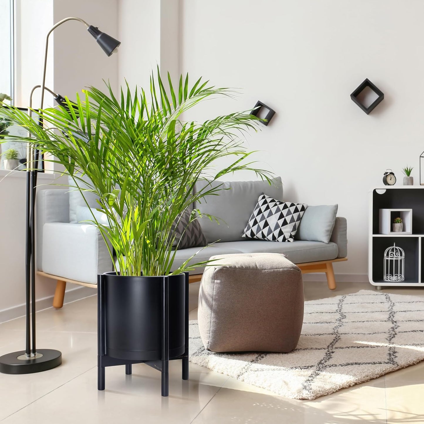 D'vine Dev Planter Pot with Stand - 14 Inch Plastic Cylinder Flower Pot with Wood Planter Holder for Indoor, Matte Black Pot + Ebony Stand, 55-C-T-2