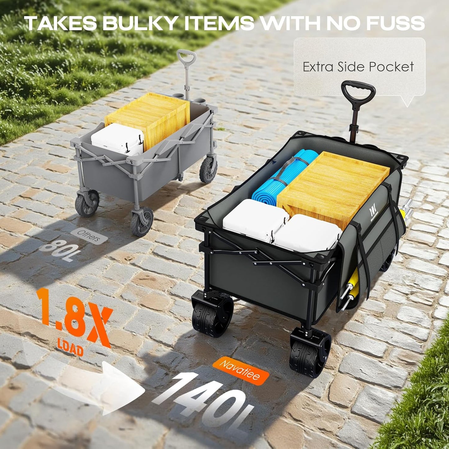 Navatiee Big Wheels Collapsible Wagon Cart Foldable, Heavy Duty Beach Wagon with Silent All-Terrain Wheels, Folding Utility Grocery Cart with Side Pocket and Brakes for Camping Garden Sports, Gray