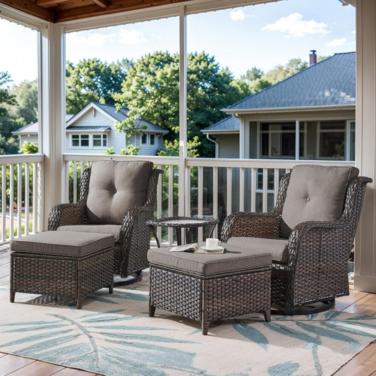 5 Pieces Patio Furniture Sets Wicker Outdoor Furniture, Rattan Patio Swivel Glider Chairs with 2 Ottoman and Glass Side Table