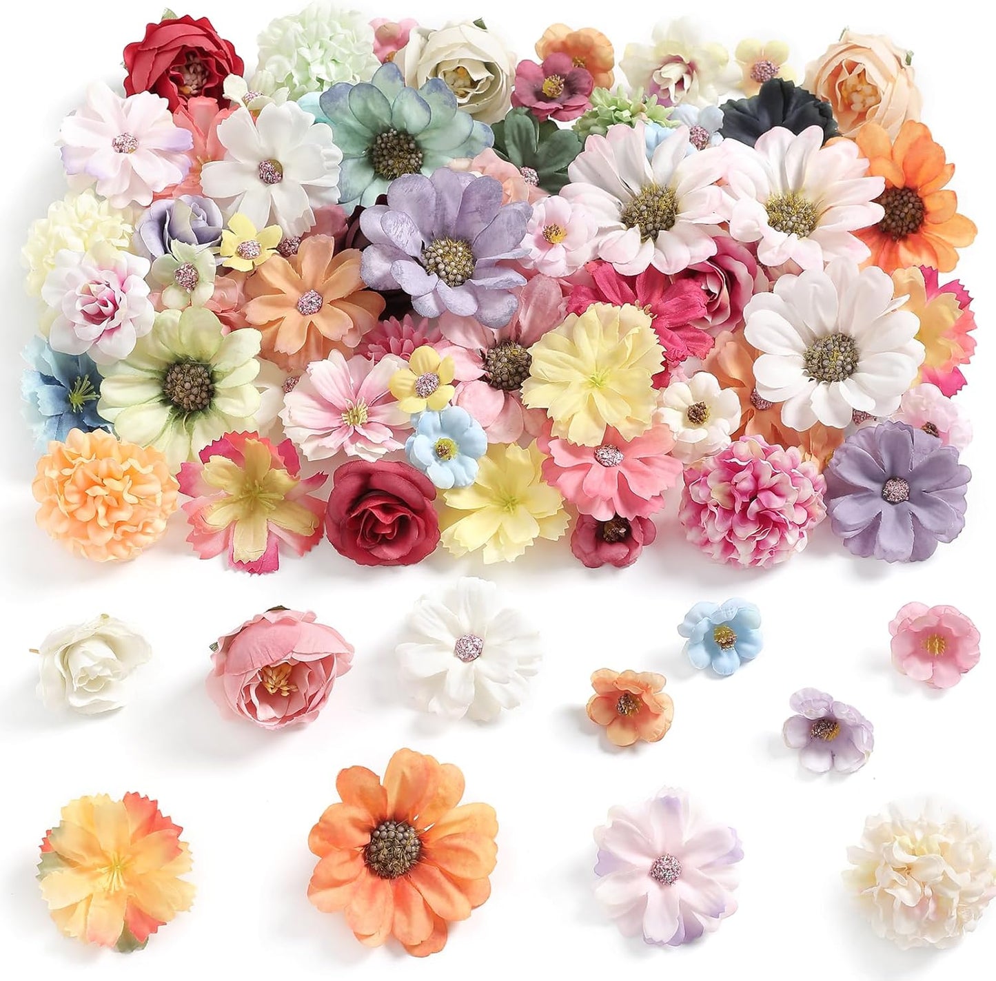 Faux Flower Heads Mini Multi Color Artificial Flower Heads Fake Peony Daisy Rose Flowers Multicolor Small Silk Daisy Flower Heads for Craft Garland Wedding Party DIY Home Decoration,2-4 cm