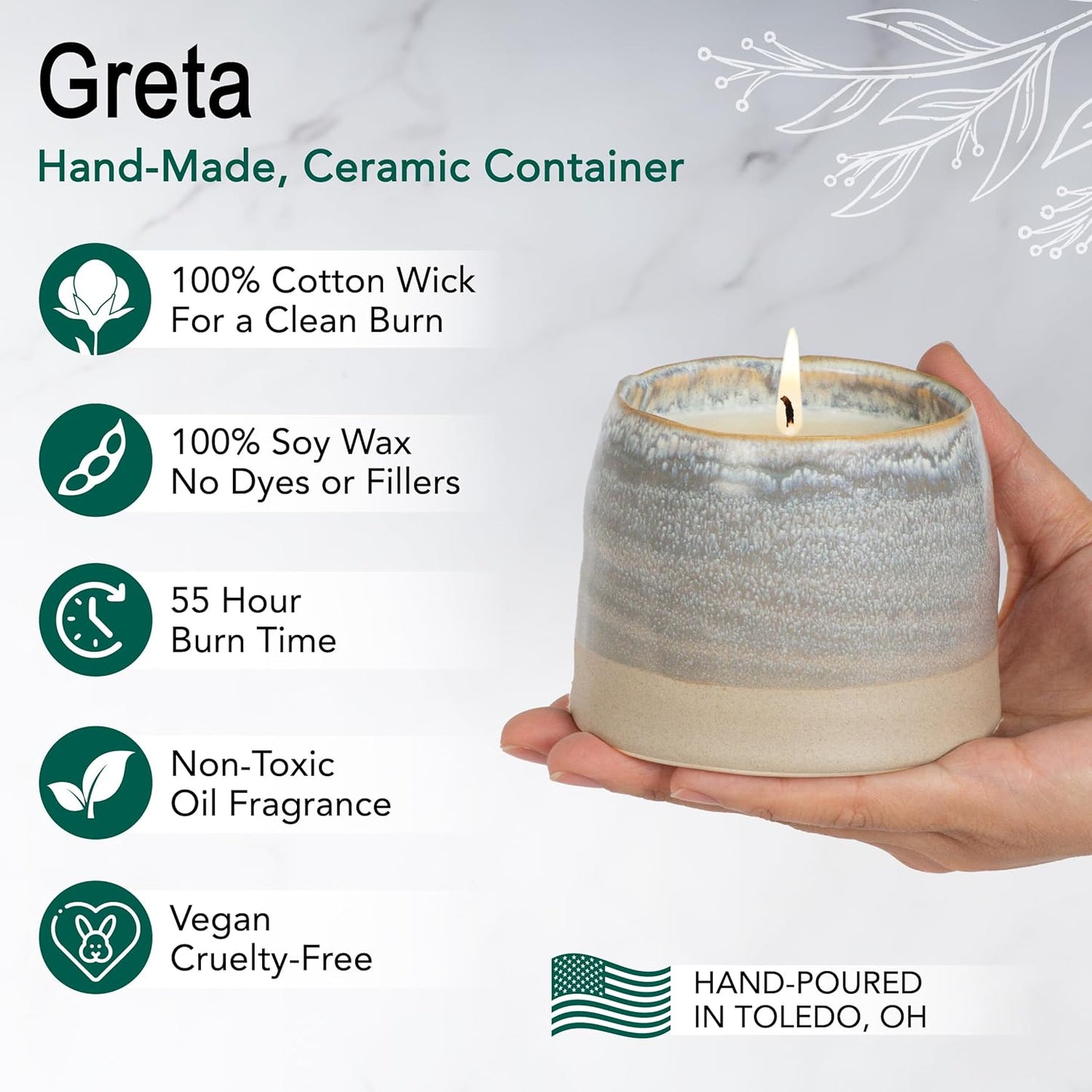 The Growing Candle, Mint & Eucalyptus Scented, 10oz Ceramic Pot, Aromatherapy Candles, 100% Soy, Greta