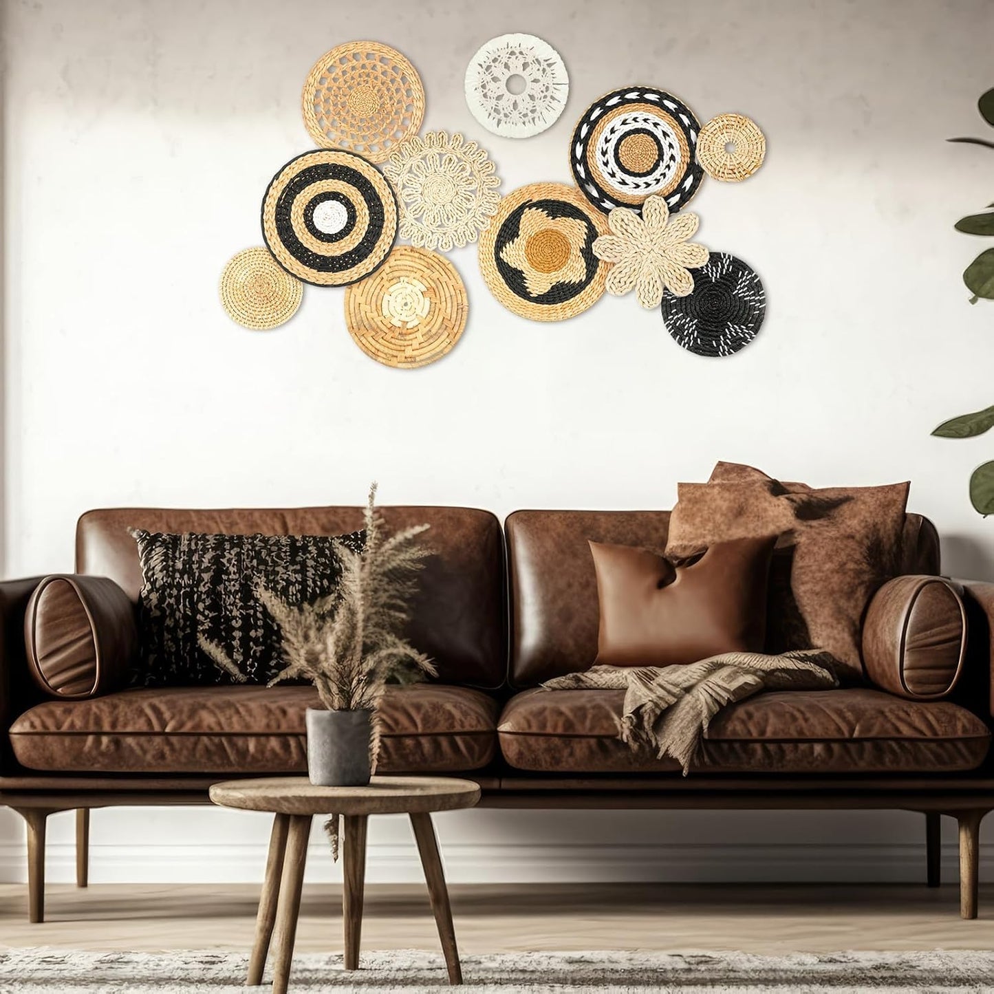 Tatuo 11 Pcs Boho Wall Basket Decor Decorative Bulrush Woven Basket Wall Decor Art Round Farmhouse Hanging Baskets for Kitchen Rustic Home Summer Decorations, Multi Sizes(Retro)