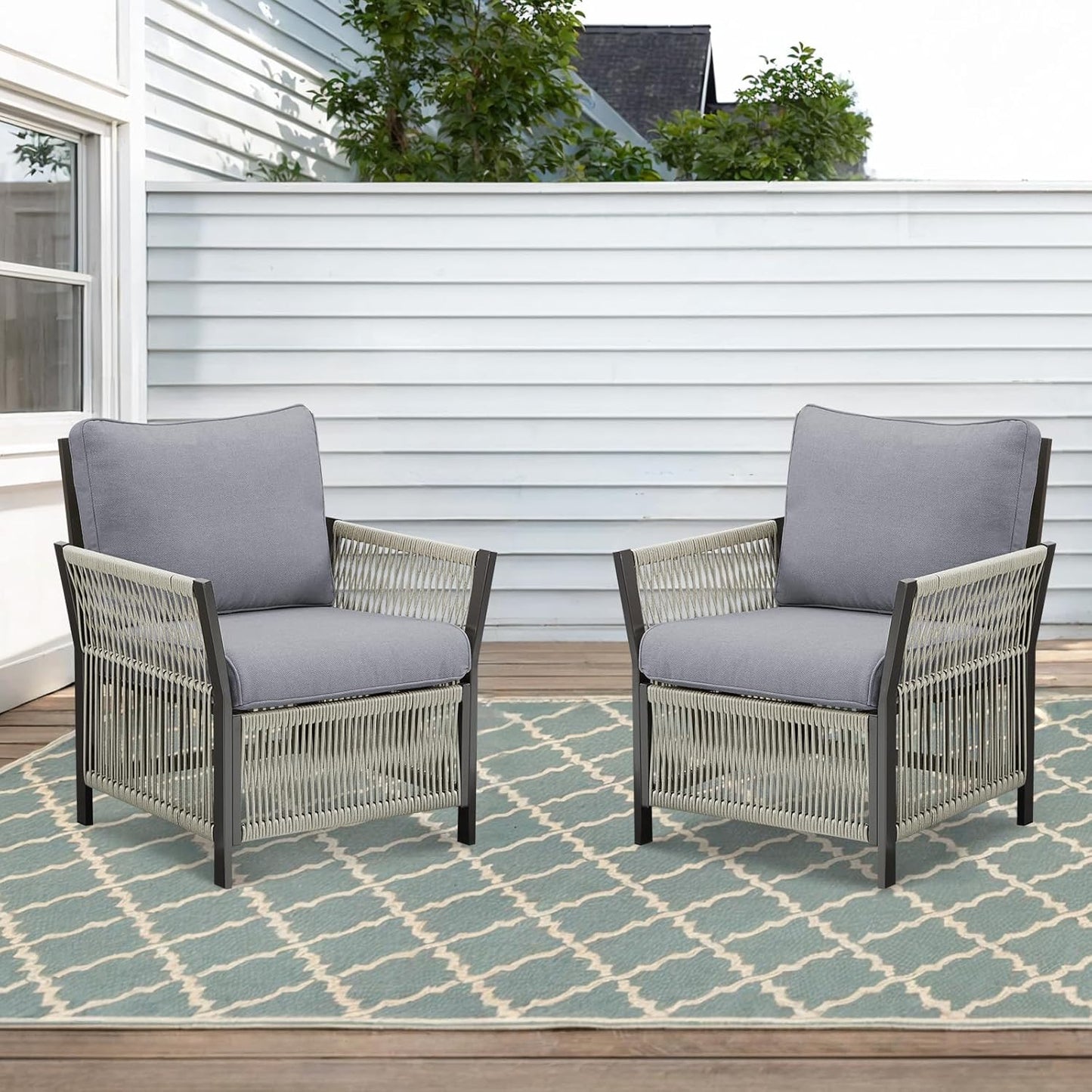 2 Pieces Wicker Bistro Set Chairs Patio Porch Furniture Sets, All-Weather PE Rattan Outdoor Conversation Set for Porch, Deck, Poolside, Bistro Chair Set with Removable Cushion-Beige