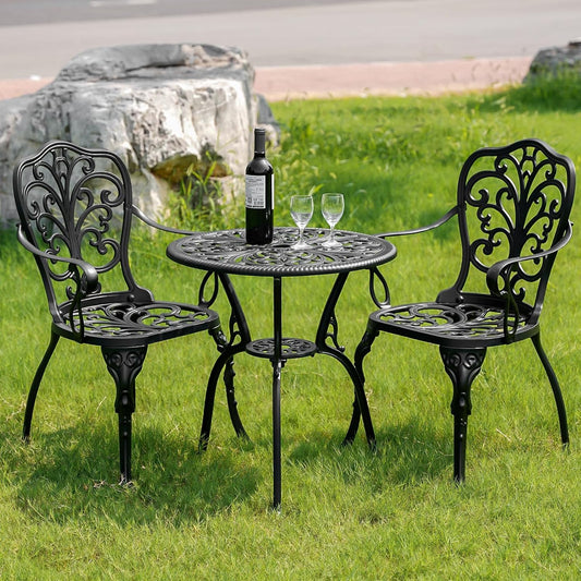 3 Piece Outdoor Bistro Set, Rustproof Outdoor Patio Furniture, Cast Aluminum Bistro Table Set with Umbrella Hole for Backyard, Balcony, Front Porch, Lawn, Pool (Black)