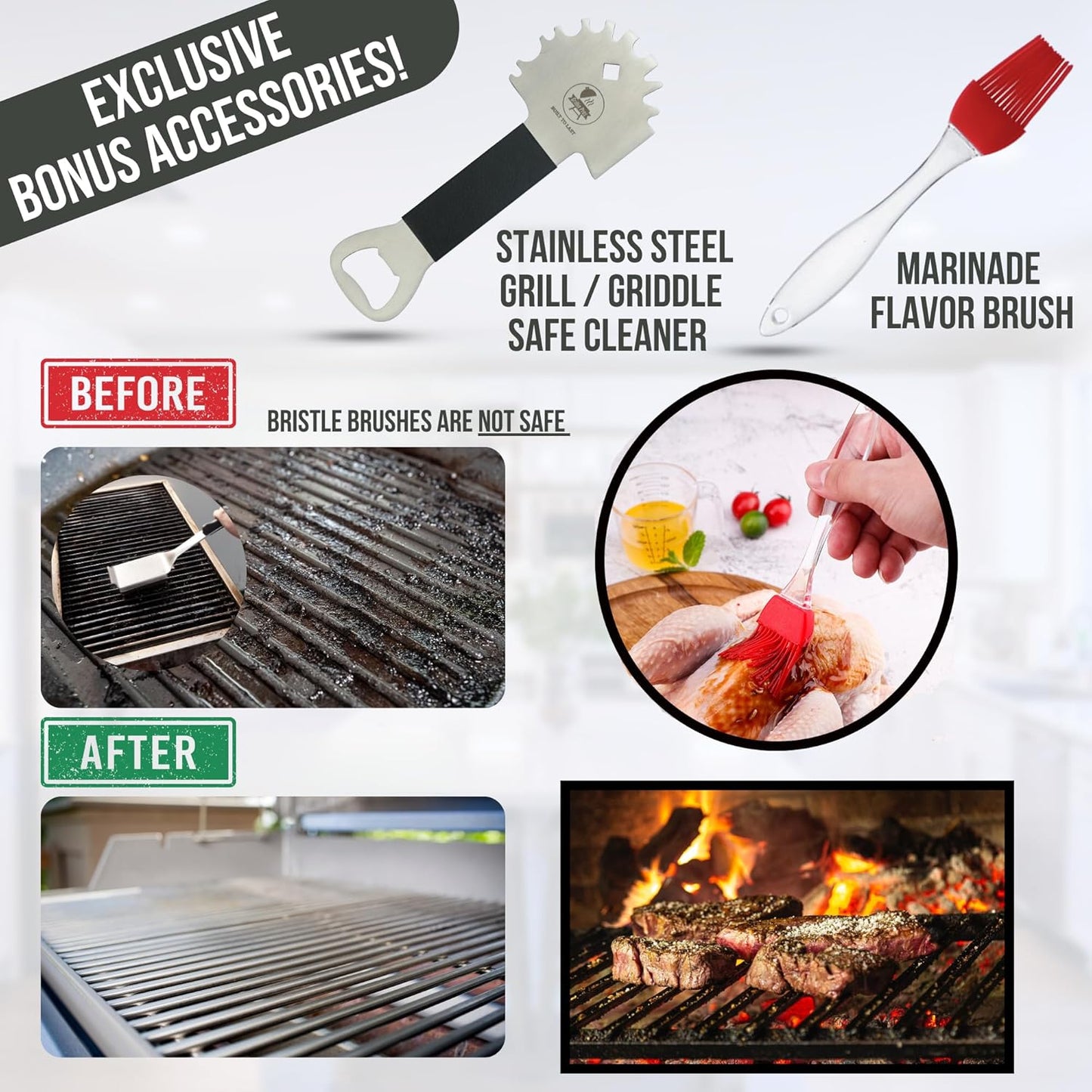 Professional Meat Injector Marinade Syringe Kit for Smoking & Grilling Turkey, Brisket & BBQ - Large 2 Oz Visible Stainless Steel Capacity - Never Leaks or Clogs + Safe Grill Cleaner & Flavor Brush