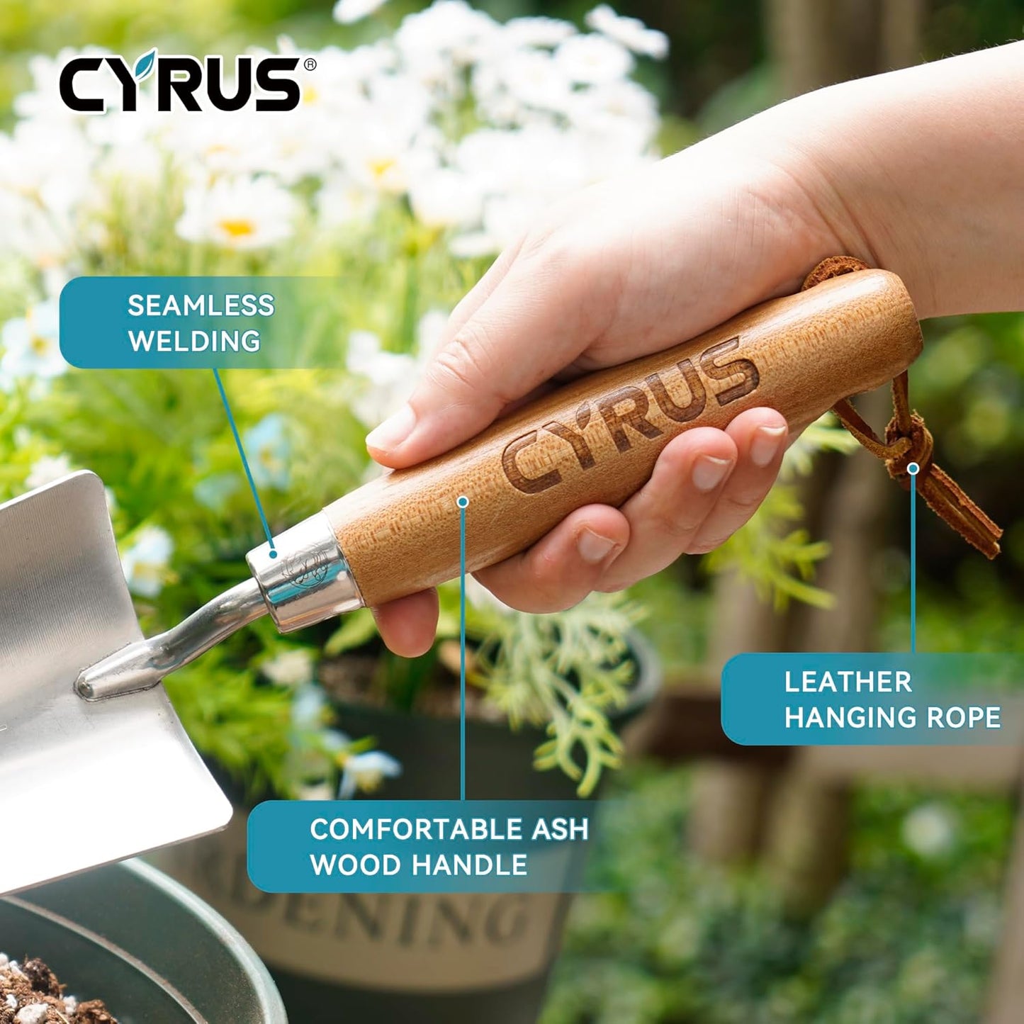 CYRUS 12.6”Garden Trowel,Heavy Duty Large Size Stainless Steel Garden Shovel with Ash Wood Handle,Suitable for Planting,Measuring,Weeding Multi-Functional Garden Spade