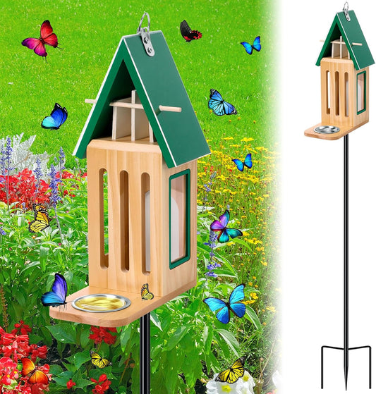 New Upgraded Butterfly House and Feeder for Outside - Wooden Butterfly House with Metal Stake for Garden Backyard, Natural Butterflies Habitat with Puddler on Floor or Hanging on Tree Wall