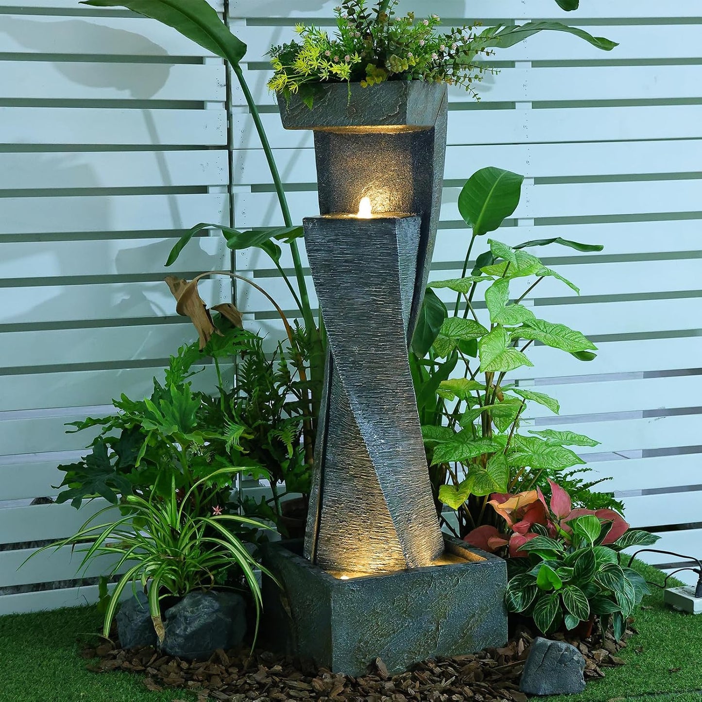 Garden Modern Outdoor Fountain, 47.2" Floor Standing Outdoor Water Fountains with Lights for Garden, Backyard, Patio, Porch, Deck and Home Art Decor