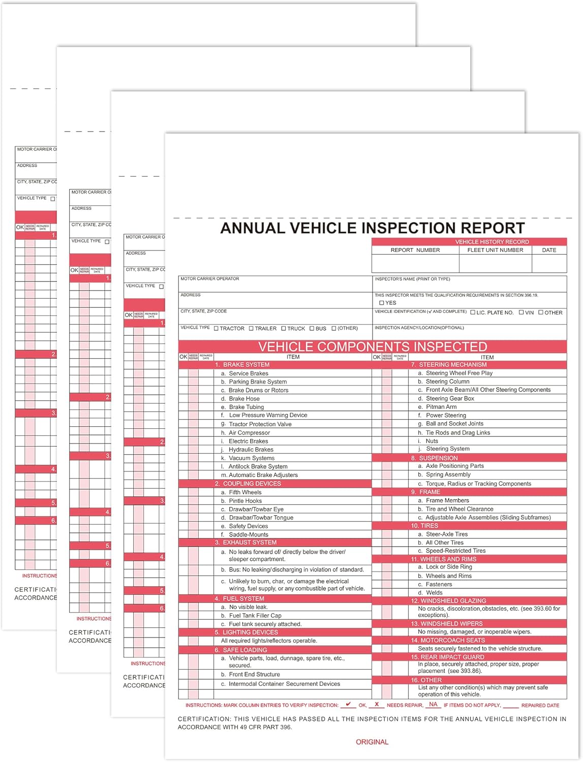 Annual Vehicle Inspection Report Form 5-pk 3-Ply Carbonless,8.5" x 11.75" + Label Aluminum,Permanent Adhesive 6" x 3.5"