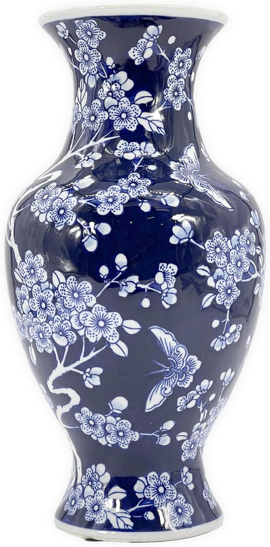 Galt International Dark Blue Floral Chinoiserie Ceramic Vase 14"- Hand Painted Antique Style Porcelain Butterfly & Flower Bottle Fishtail Porcelain Chinese Vase for Home Decor Centerpiece