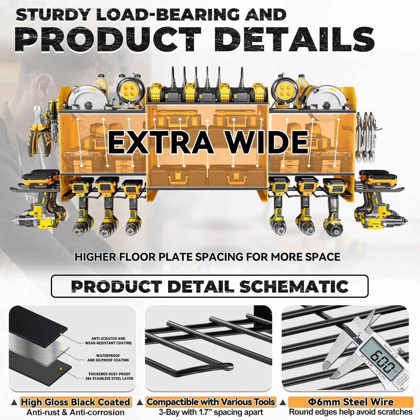 Upgrade Large Power Tool Organizer Wall Mount with Charging Station Tool Storage Rack with 6.5FT Power Strip 10 Drill Holder and Storage Rack for Garage Organization