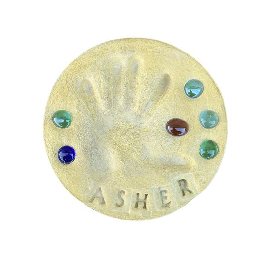 DIY Stepping Stone Kit with Color Pigment, Handprint Stepping Stone, Mother's Day Gift, Footprint Stepping Stone (8 Inch + Stamp Set, Yellow)