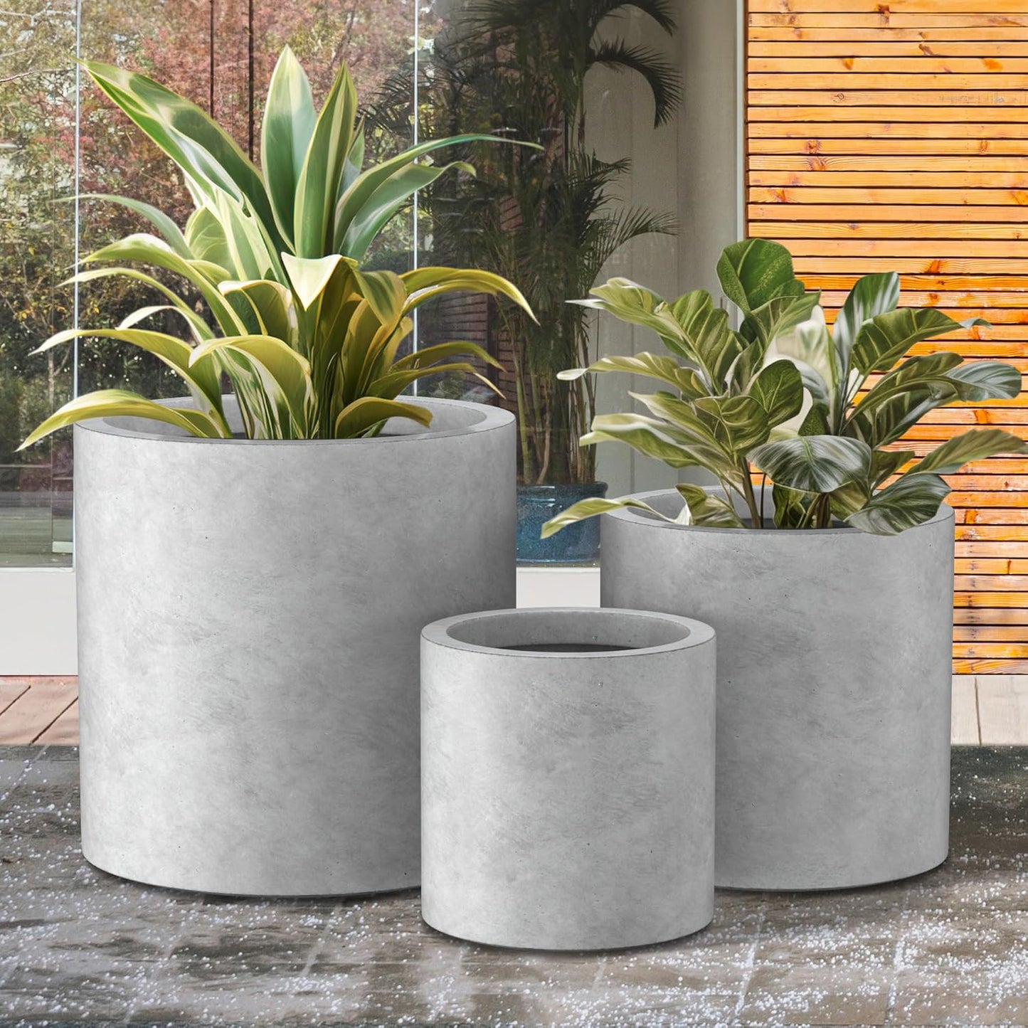 Kante 9.8",12.6",15.7" Dia Round Concrete Planter Set of 3, Modern Style Large Cylindrical Plant Pot with Drainage Hole and Rubber Plug for Indoor Outdoor Patio, Natural Concrete