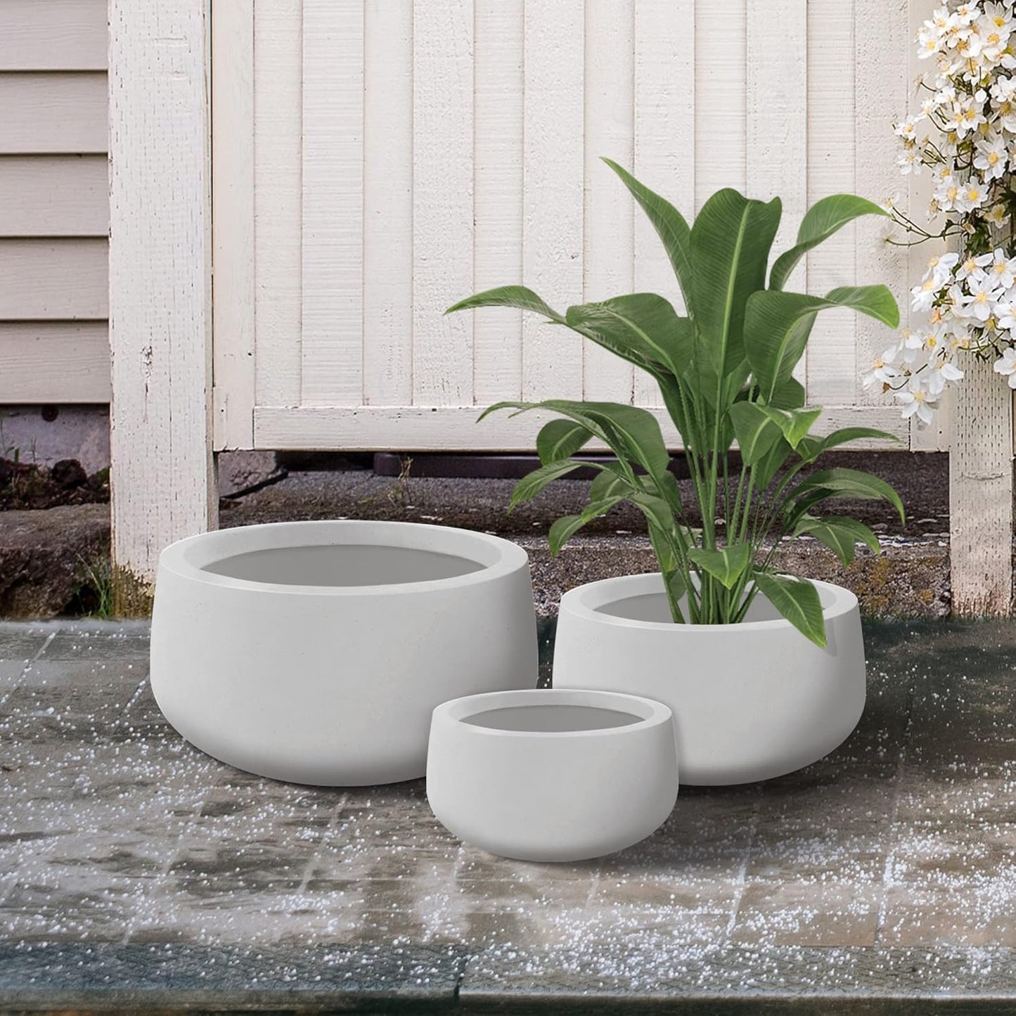Kante 19.6",15.7",11.8" Dia Round Concrete Planters Set of 3, Outdoor Indoor Garden Plant Pots with Drainage Hole and Rubber Plug, Modern Curvaceous Design, Pure White