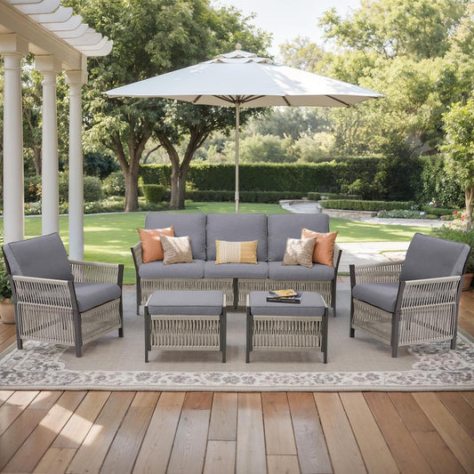 Patio Furniture Set Outdoor Conversation Sofa Set, 5-Piece All Weather PE Rattan Wicker High Back Outside Couch with Ottoman for Porch, Deck, Poolside - Dark Grey