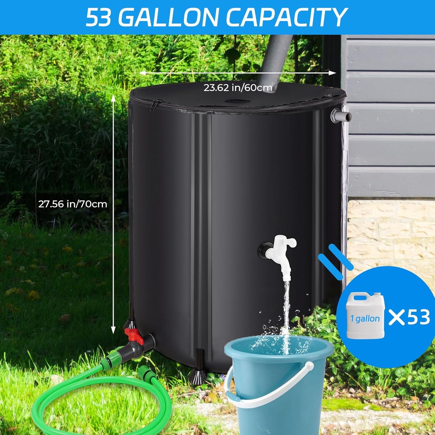 Rain Barrels to Collect Rainwater from Gutter - Portable Water Storage Tank Water Barrel Rainwater Collection System Rain Catcher Include Filter Two Spigots and Overflow Kit (53 Gallon, Black)
