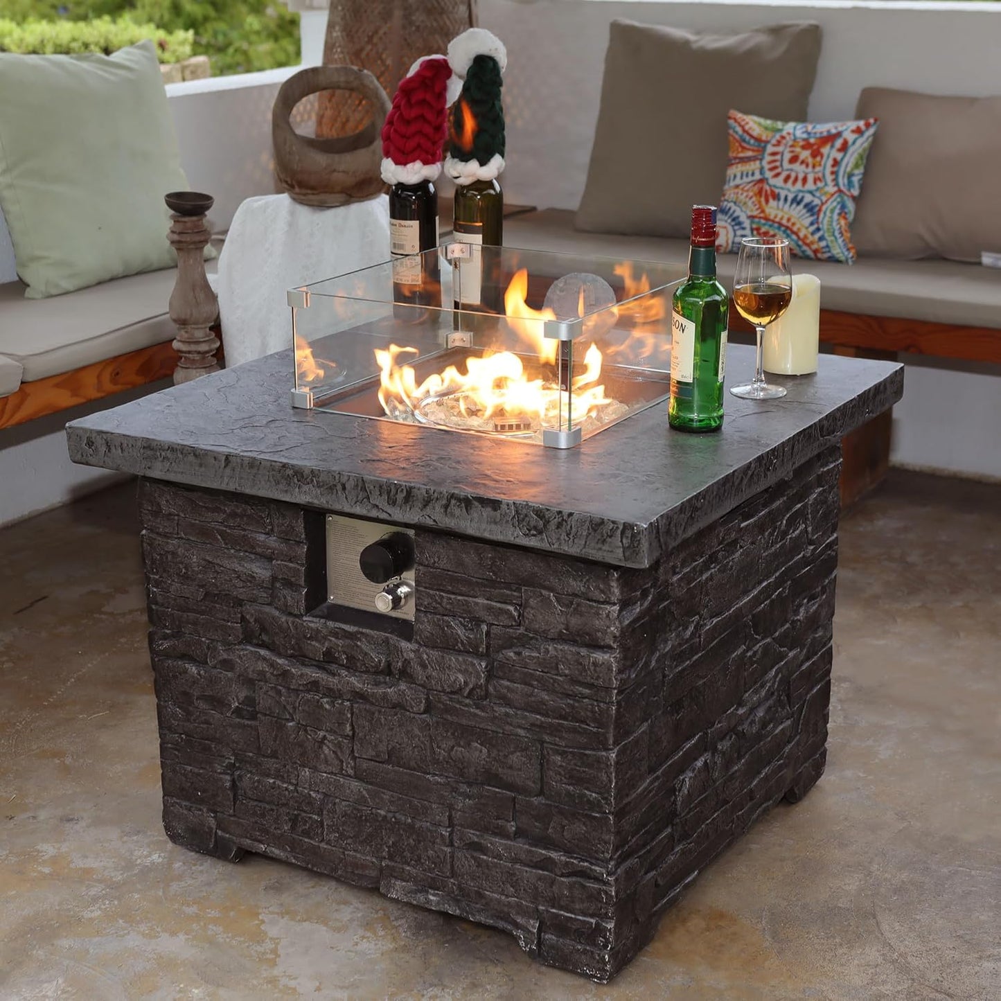 32" Outdoor Propane Fire Pit Table, Stone Fire Table Square Firepit w Glass Wind Guard(50,000 BTU), 2 Piece Slate Gas Fire Table in Deep Grey w Fire Glass, Rain Cover for Outside, Backyard