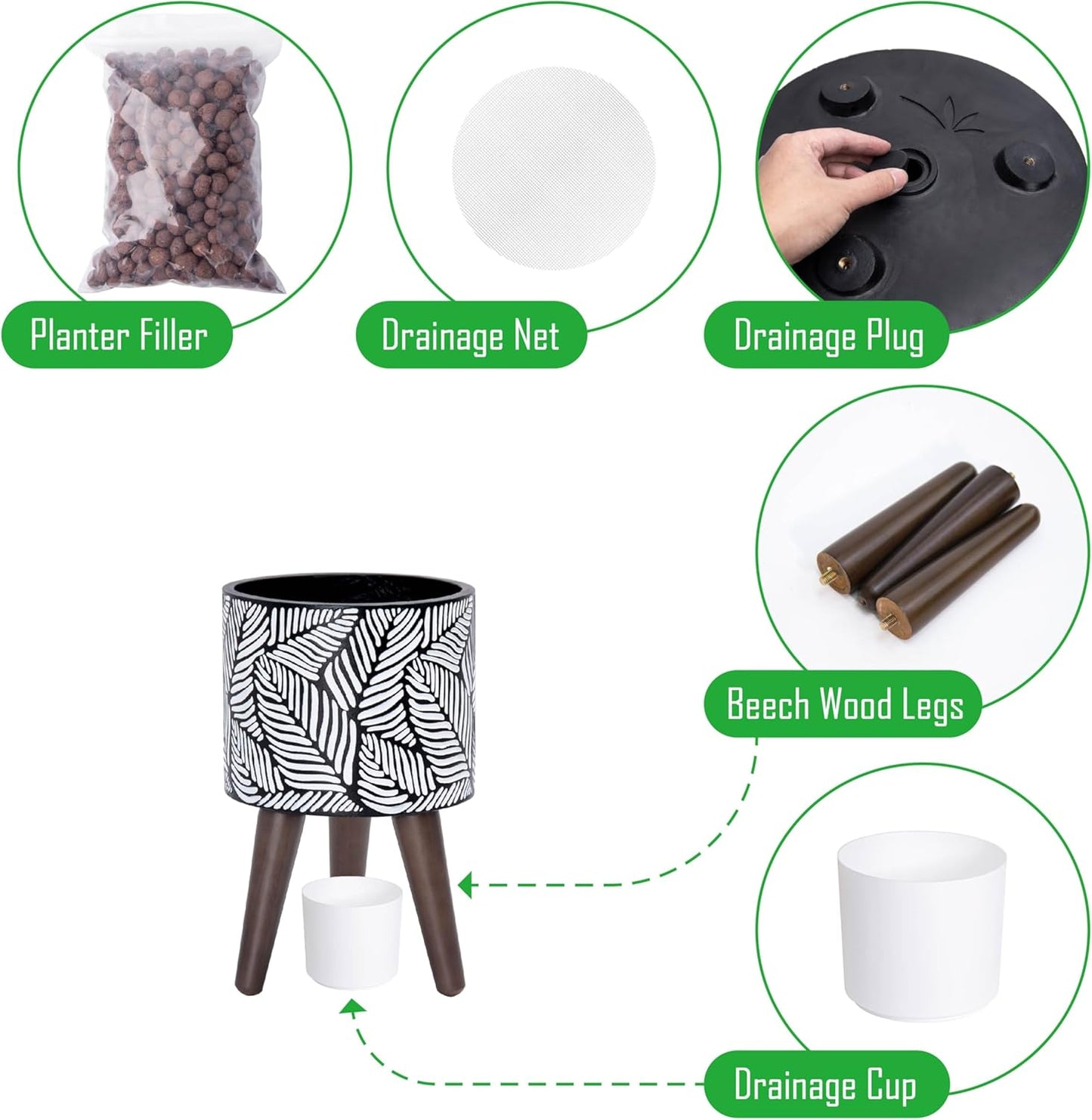 D'vine Dev 8 Inch Planter Pot with Stand, Mid-Century Tall Plant Pot with Legs for Indoor Plants, Small, White/Grey, 88-L-A-7