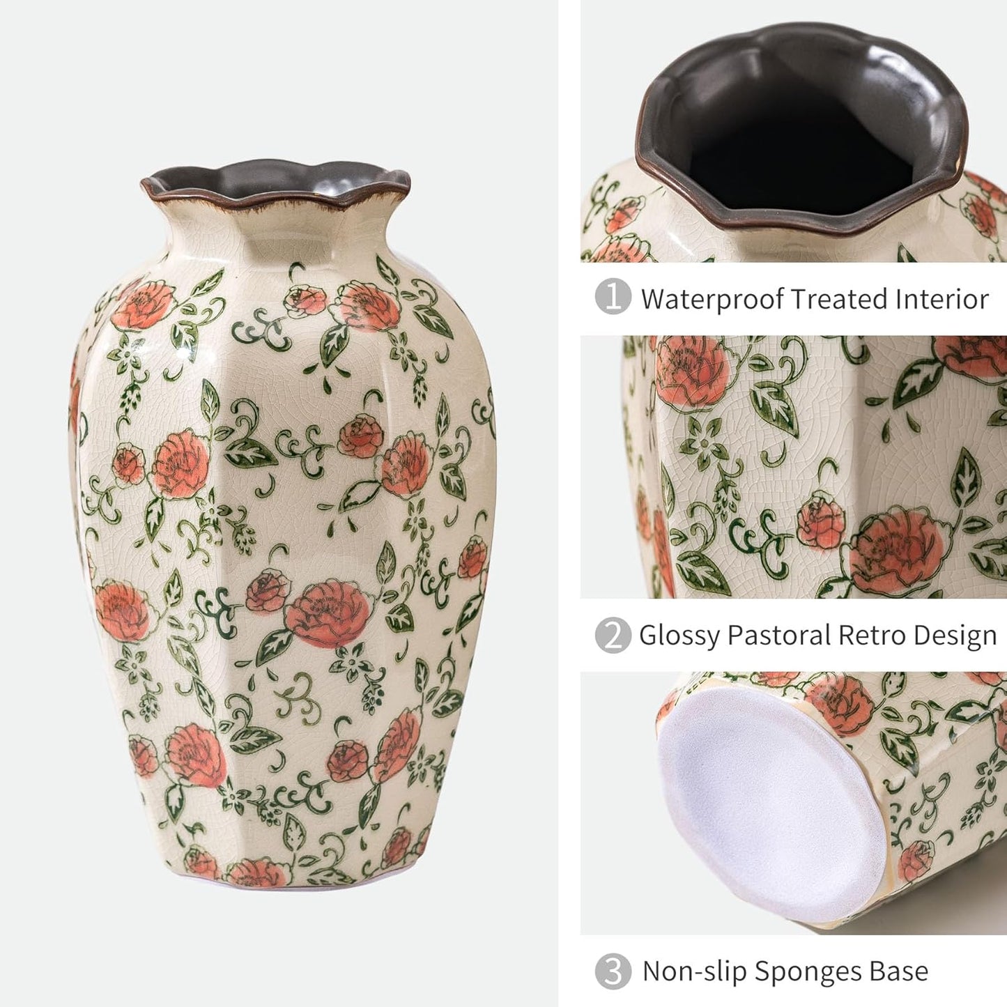 Green&Beige Vintage Octagonal Vase, Red Rose Chinoiserie Floral Vase, Farmhouse Antique Decorative Ceramic Flower Vases for Bouquet, Home Decor, Living Room, Bookshelf, Office, Tuscan Decor 9.1 Inch