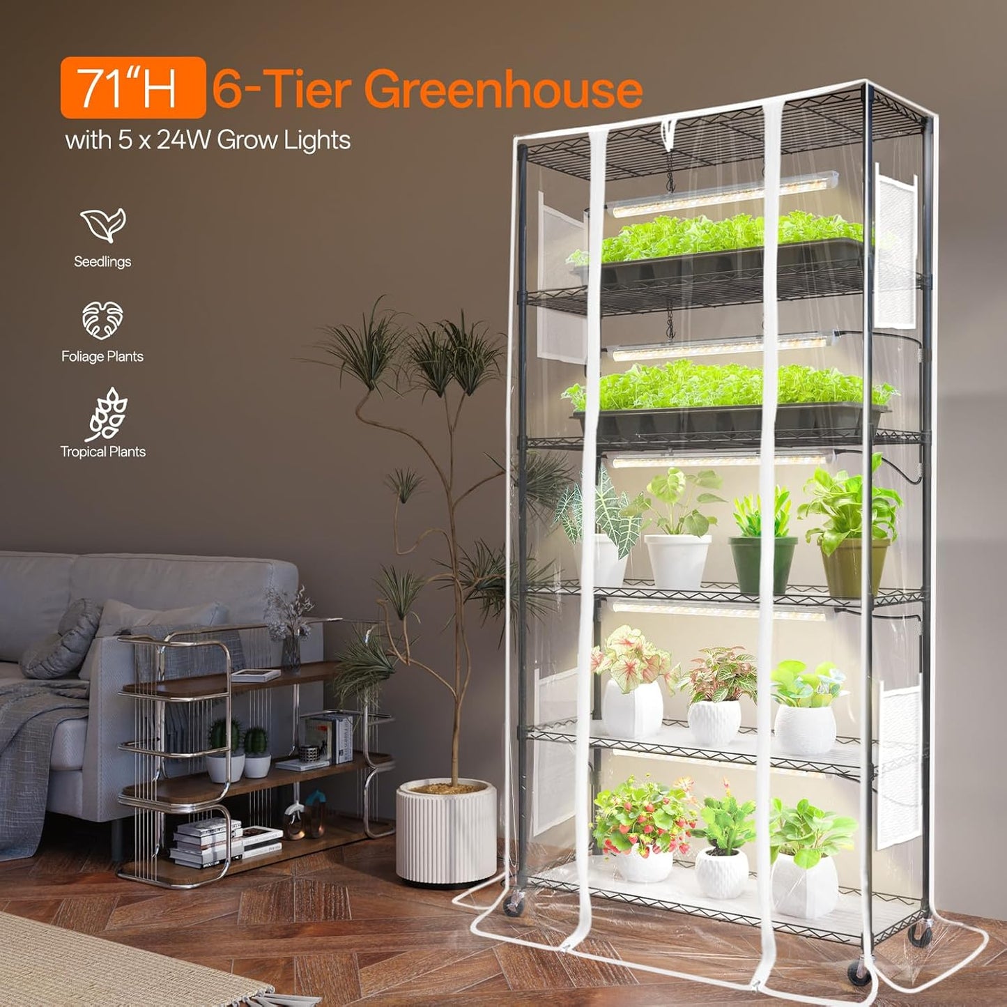 Indoor Greenhouse with Grow Light, Mini Green House with 5 Pack T8 Full Spectrum Plant Lights, Plant Shelf with Tent for Indoor Plant, Seed Starting, Seed Tray, 35.4"x13.8"x71"
