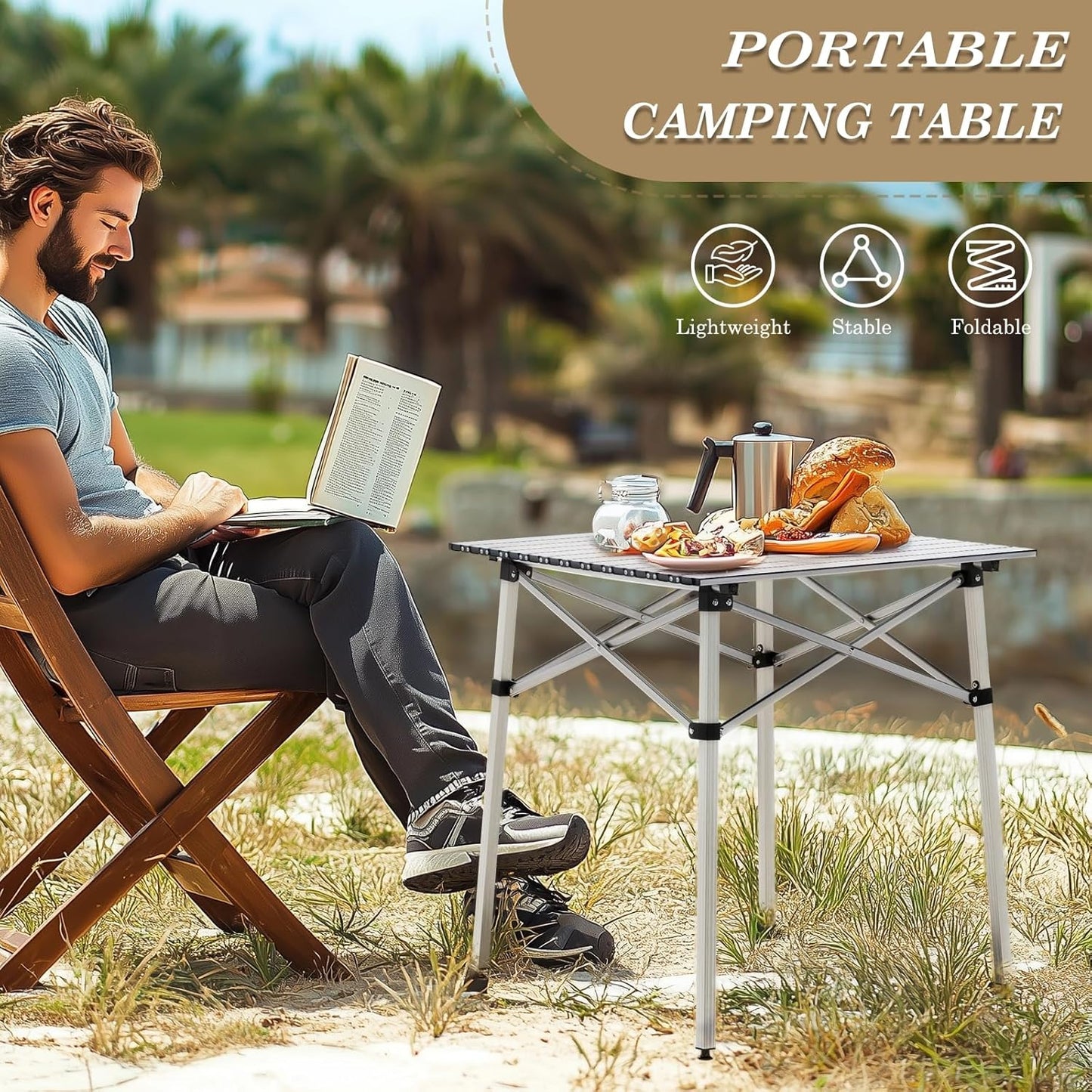 Athena Collection Foldable Camping Table, 28" Small Aluminum Outdoor Folding Camp Table with Roll Up Tabletop and Carry Bag, Lightweight and Portable for Outdoor Camping Picnic Grilling, Silver