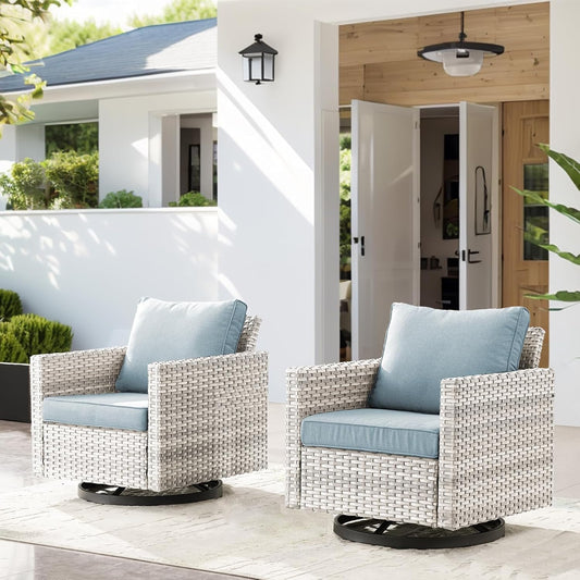 HUMMUH Patio Swivel Chairs Set of 2,PE Wicker Outdoor Rocker Chairs Bistro Set Porch Balcony Furniture with Cushions