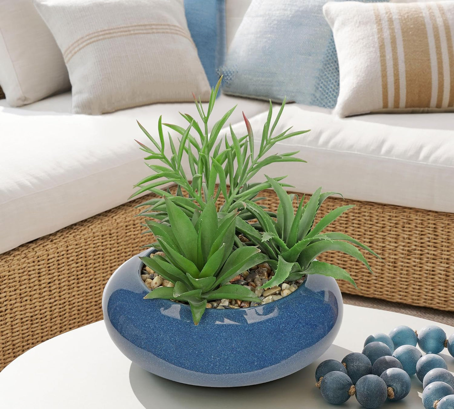 Hollyone Large Artificial Succulents Plants with Blue Vase Faux Succulents Fake Succulent Potted Plant in Ceramic Pot for Home Decor Office Desk Bathroom Living Room Indoor & Outdoor Decorations