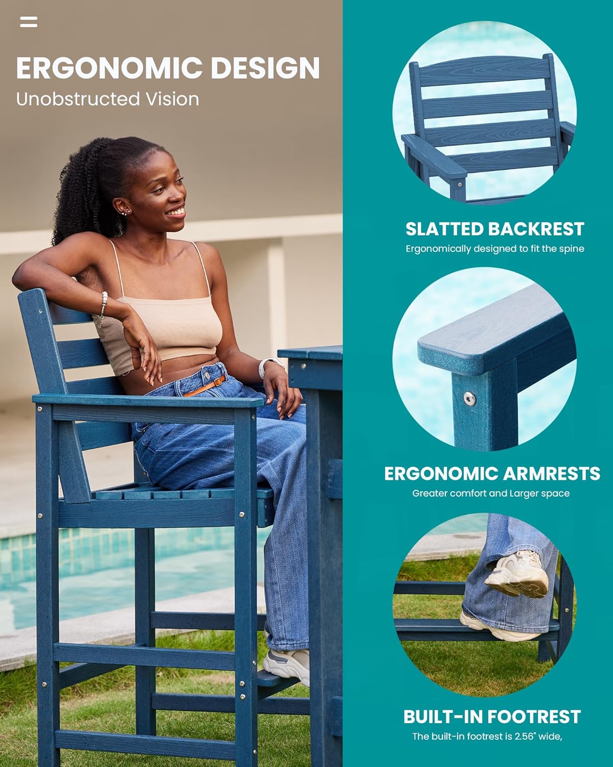 SERWALL Tall Adirondack Chairs Set of 2, Oversize Balcony Adirondack Chairs Set, Outdoor Bar Height Barstools Widened Chair Set for Bistro, Poolside, Garden, Blue