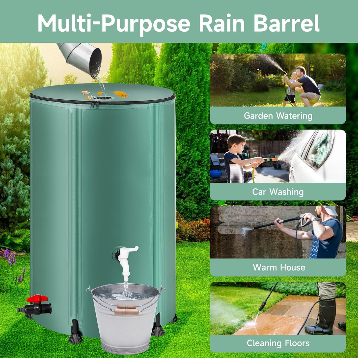 Collapsible Rain Barrel Water Storage Containers-100 Gallon Portable Rainwater Collect System Water Tank to Collect Rainwater from Gutter Downspout Water Catcher with Spigots,Filter＆Overflow Kits