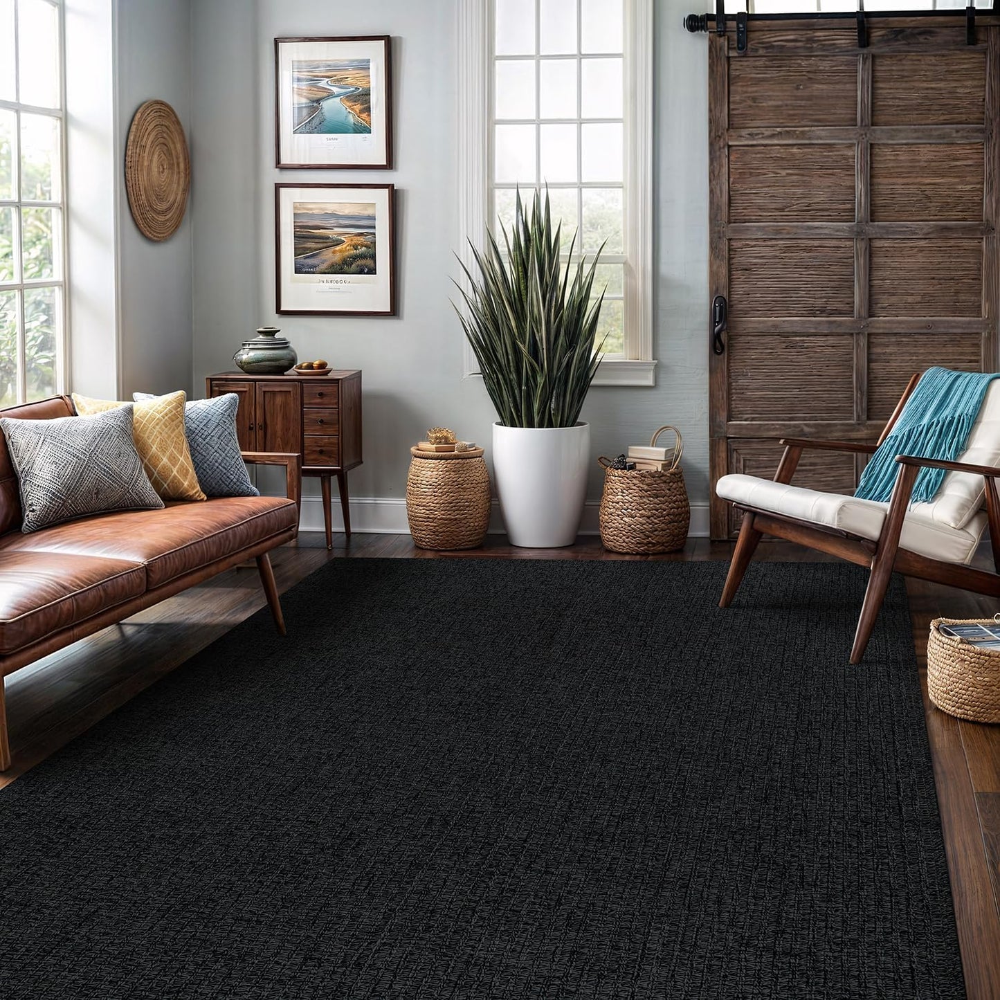 Easy Jute Rug 5x7 Indoor Outdoor Natural Rugs Solid Fiber Rug Woven Area Rug Boho Easy Clean Inside Carpet for Living Room Bedroom Dining Room Hallway or Outdoor Patio Porch (5 X 7 Dark Grey)