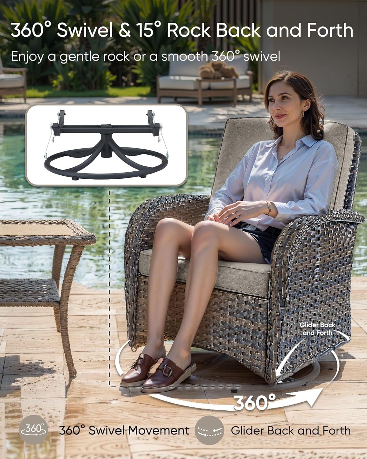 HUMMUH 7-Piece Patio Furniture Set with Fire Pit,Wicker Patio Glider Loveseat Outdoor Swivel Rocker Chairs with Ottomans for Backyard,Poolside,Deck