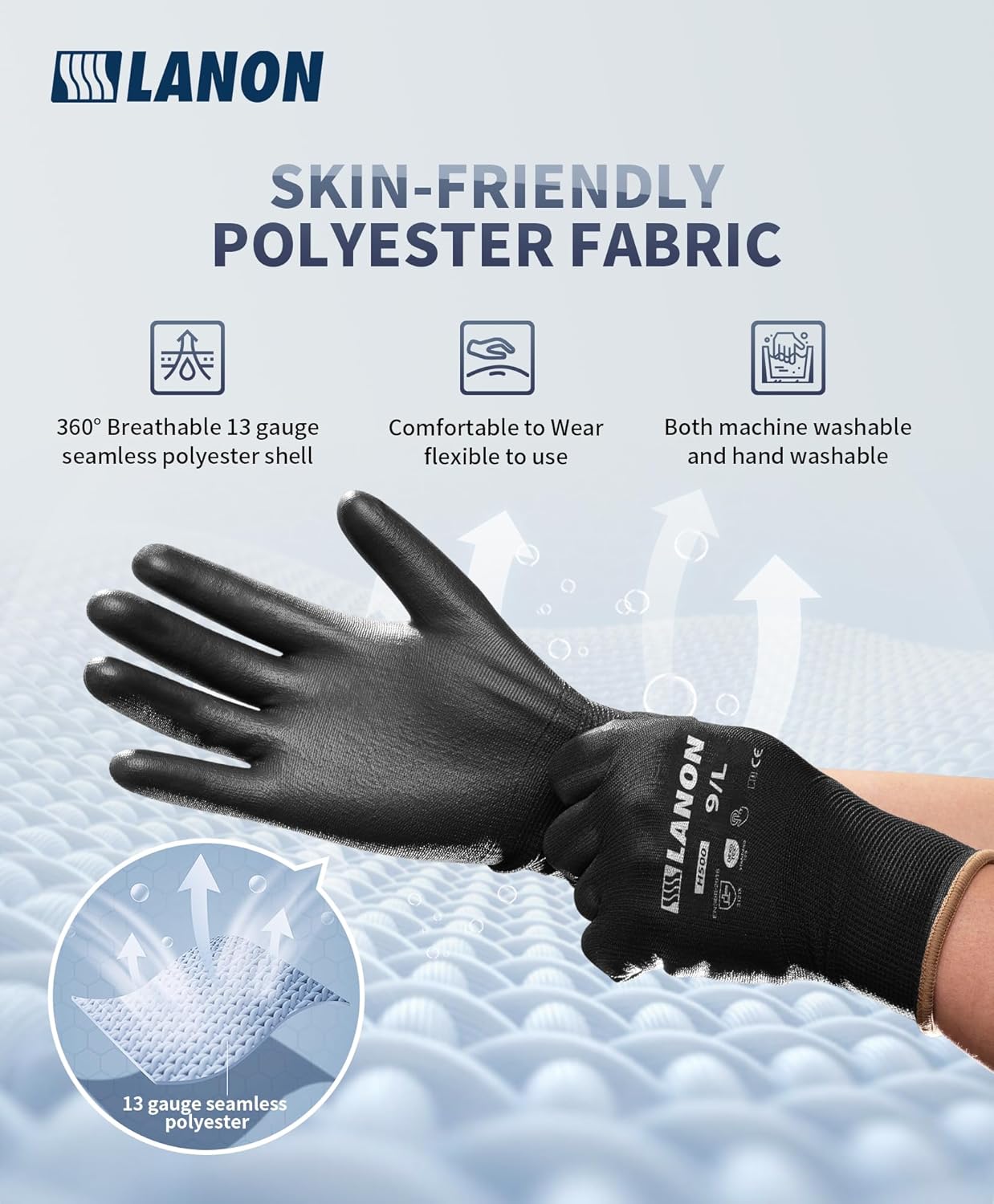 LANON Safety Work Gloves for Men and Women, 18 Pairs Mechanic Black Working Gloves with Grip Odorless PU Coated, Seamless Knit, Full Fingertip Touchscreen for Light Duty Working Gloves, X-Large