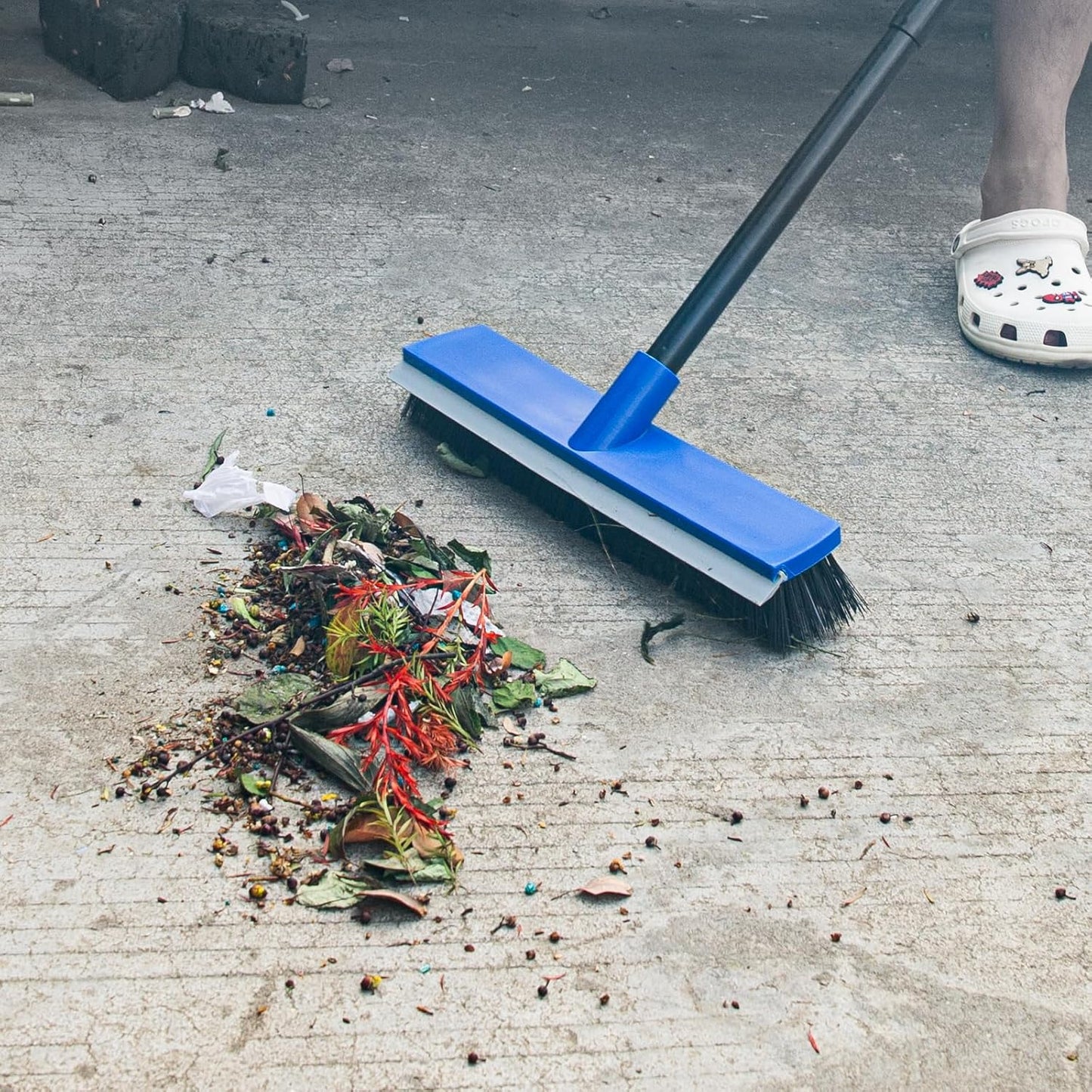 16 Inch Push Broom Outdoor 2 in 1 with Rubber Squeegee and Stiff Bristle Deck Brush 58" Long Handle for Deck Patio Garage Warehouse Driveway Concrete Floor Cleaning Scrubbing(Blue)