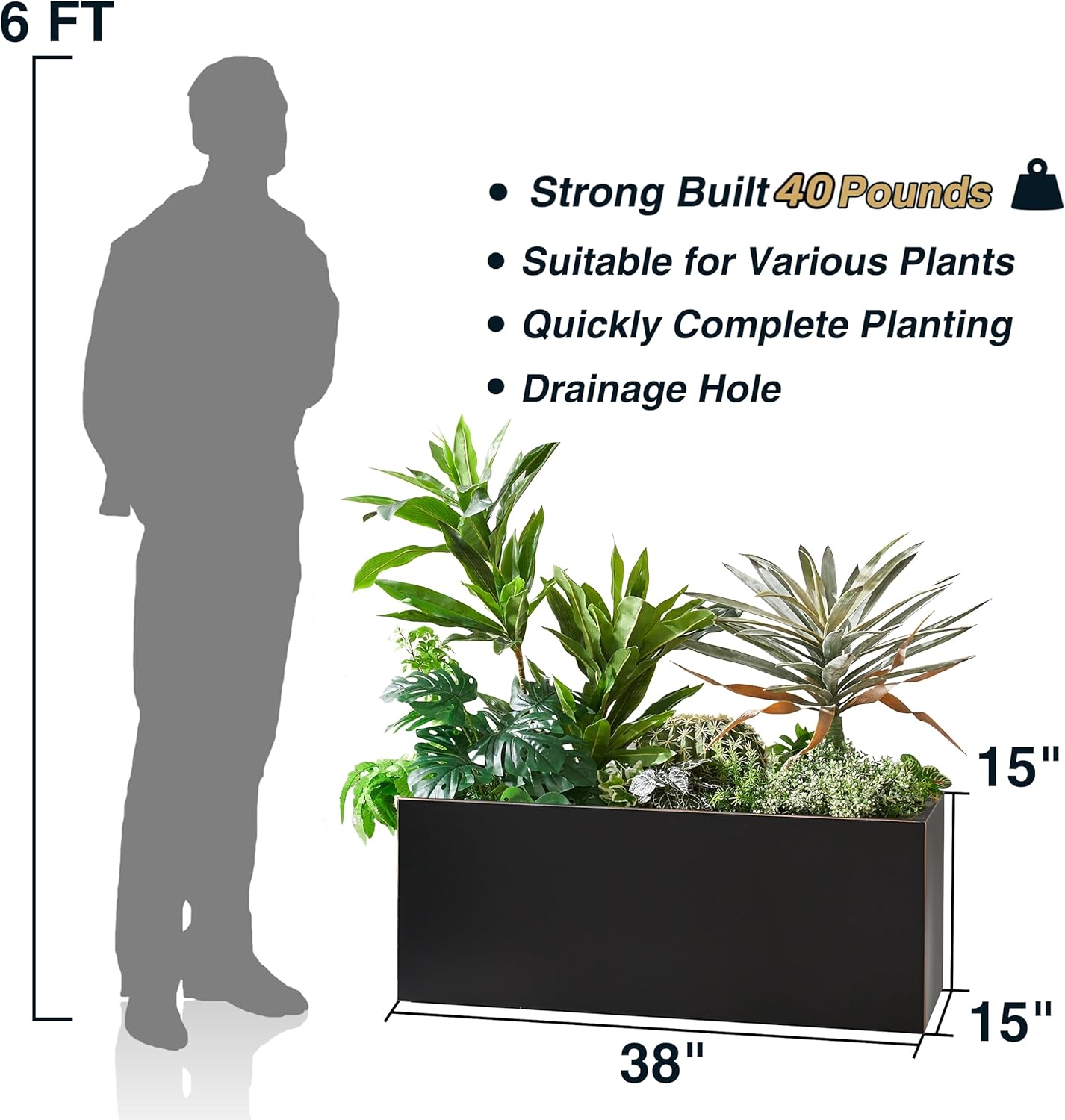 Metallic Heavy Long and Large Outdoor/Indoor Planter, Rectangular Trough Planter Box, 38”Lx15”Wx15”H, 40Pounds, Black with Hand Brushed Gold Edge, No Assemble and Seamless